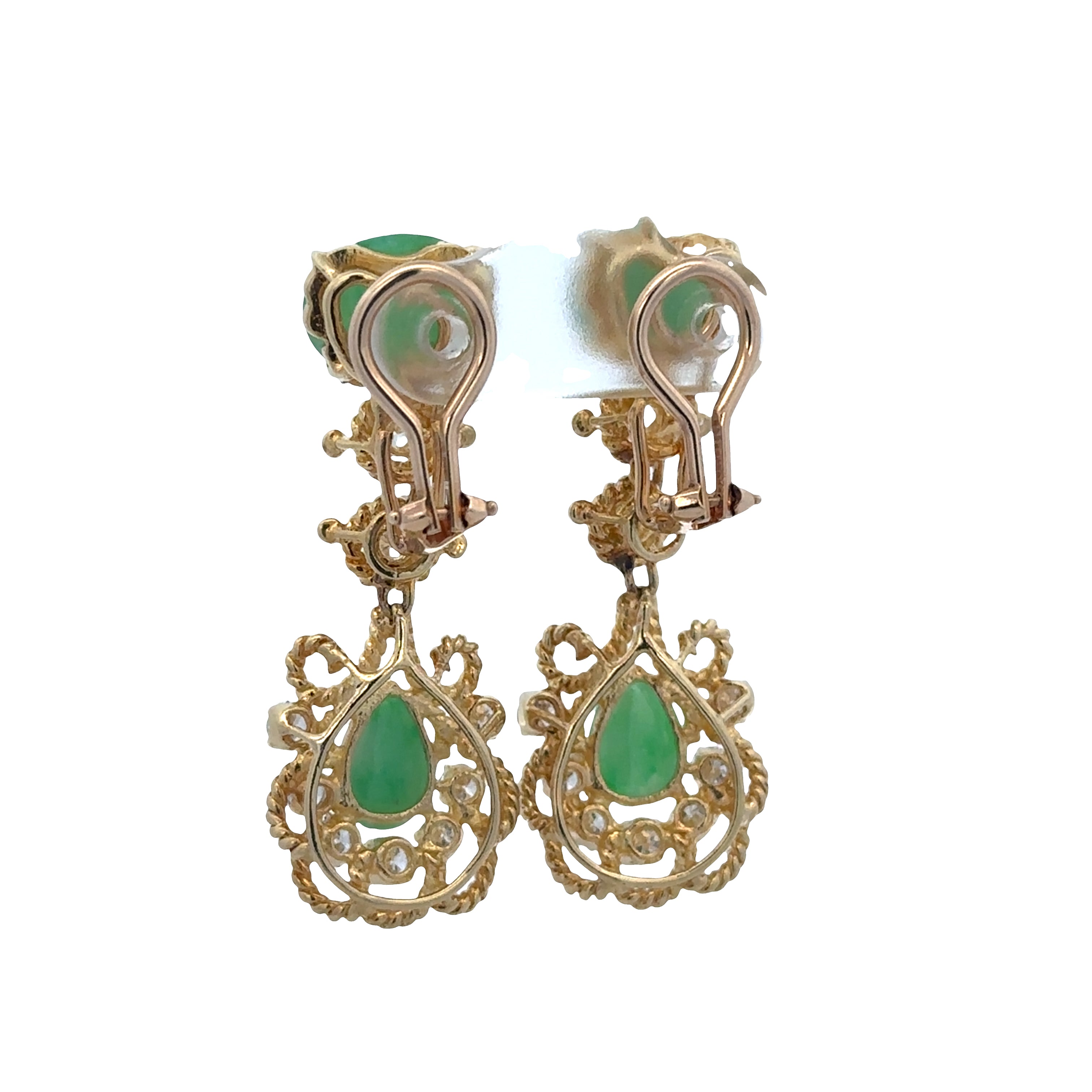Vintage 18k Yellow Gold Jade & Diamond Drop Clip Earrings