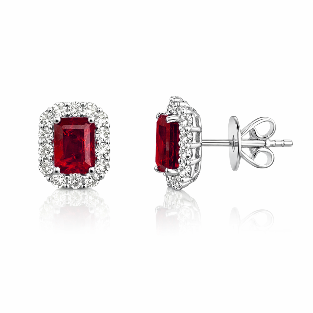 14k White Gold Ruby & Diamond Halo Stud Earrings