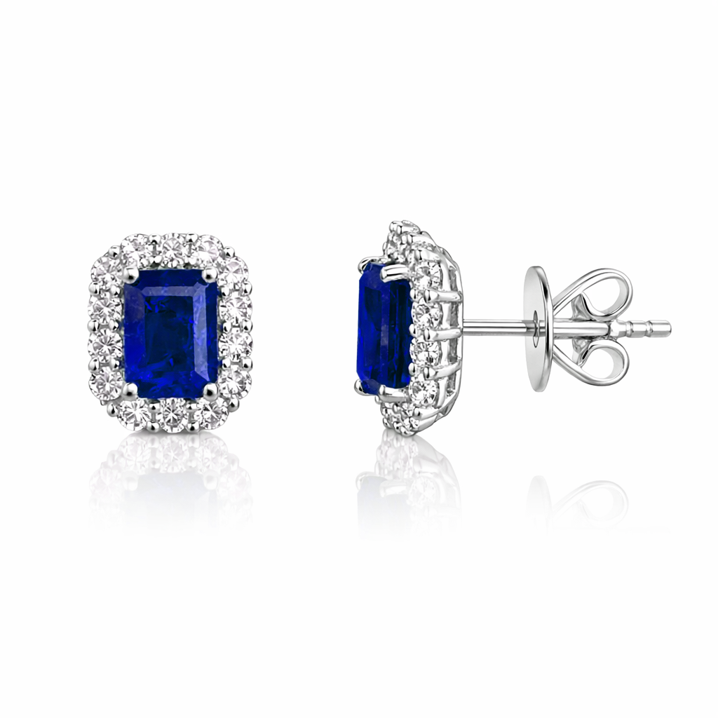 14k White Gold Sapphire & Diamond Halo Stud Earrings – Rhodium Plated