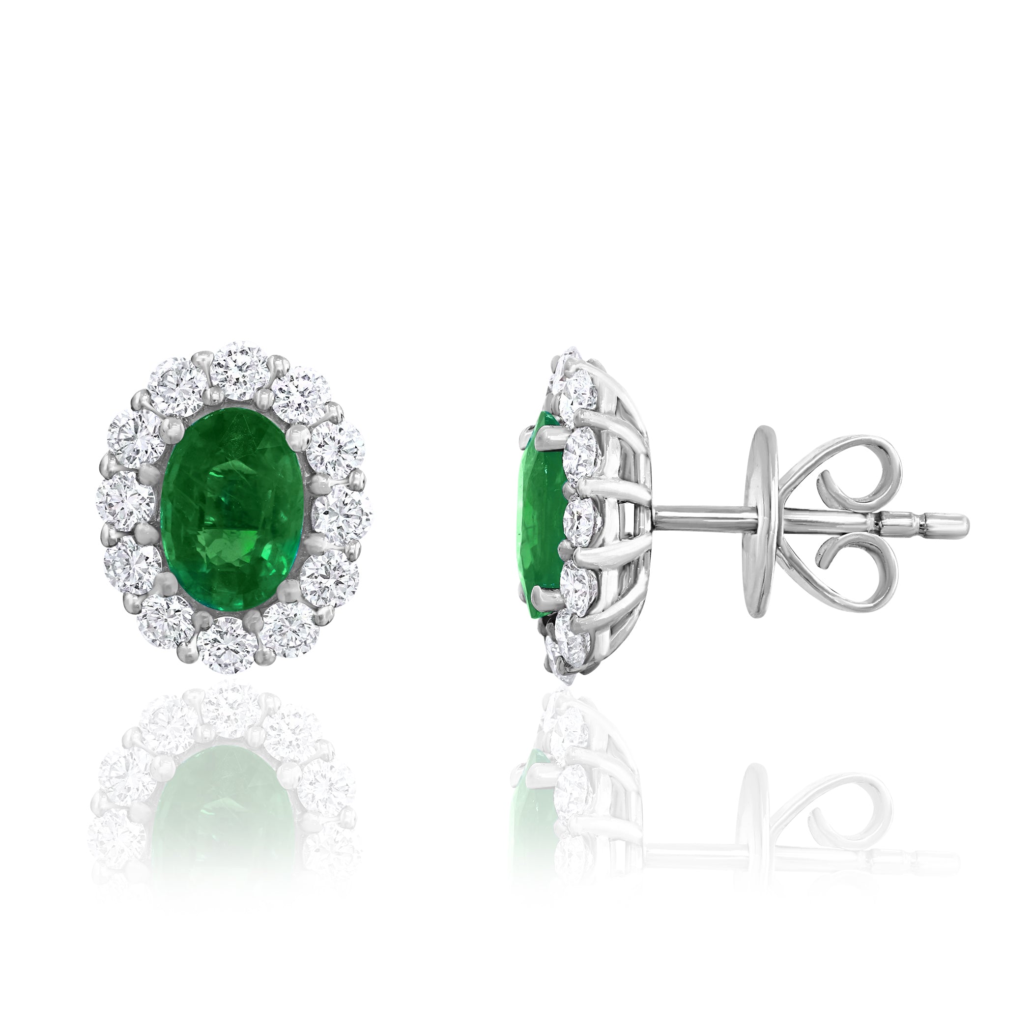 14k White Gold Emerald & Diamond Halo Stud Earrings