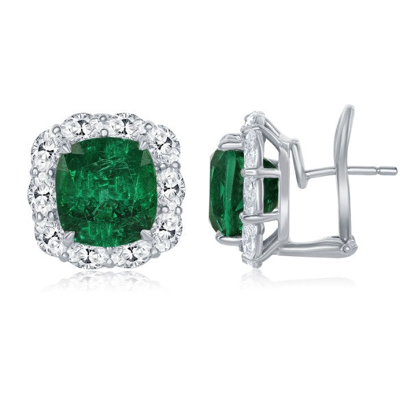 18k White Gold Zambian Emerald & Oval Diamond Halo Earrings
