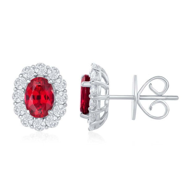18k White Gold Oval Ruby & Diamond Halo Stud Earrings