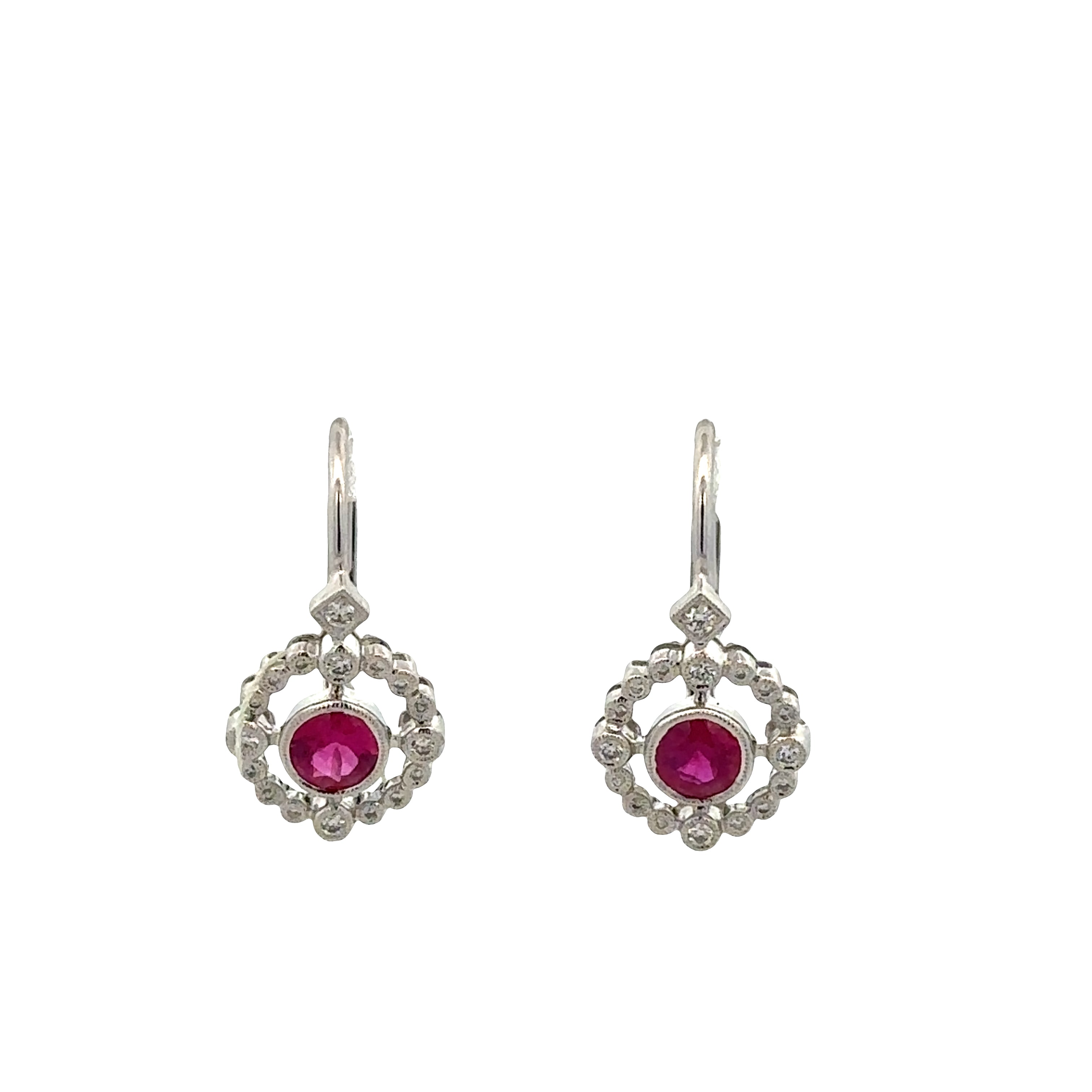 14k White Gold Ruby & Diamond Bezel-Set Earrings – 5/8" Tall