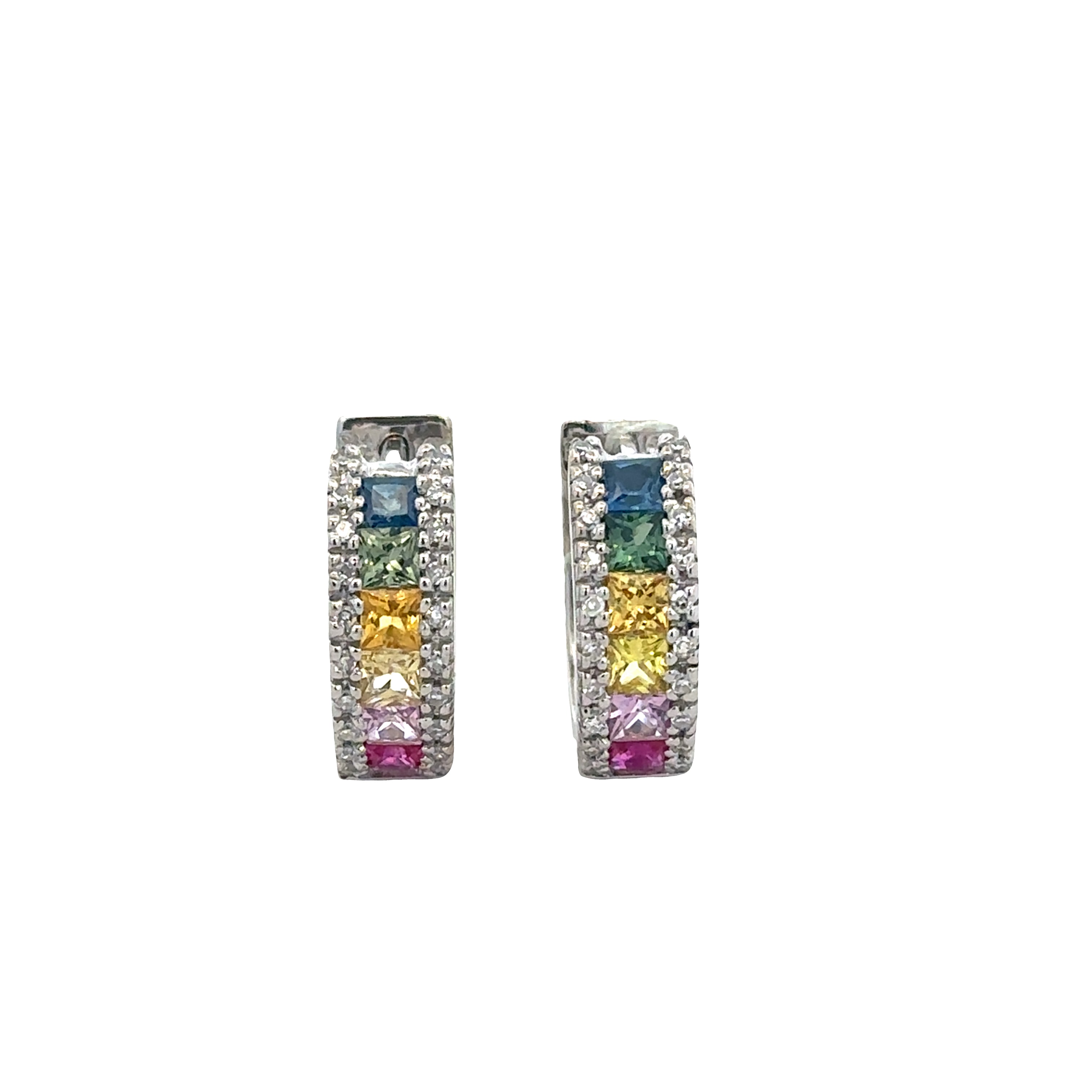 14k White Gold Multicolored Sapphire & Diamond Hoop Earrings