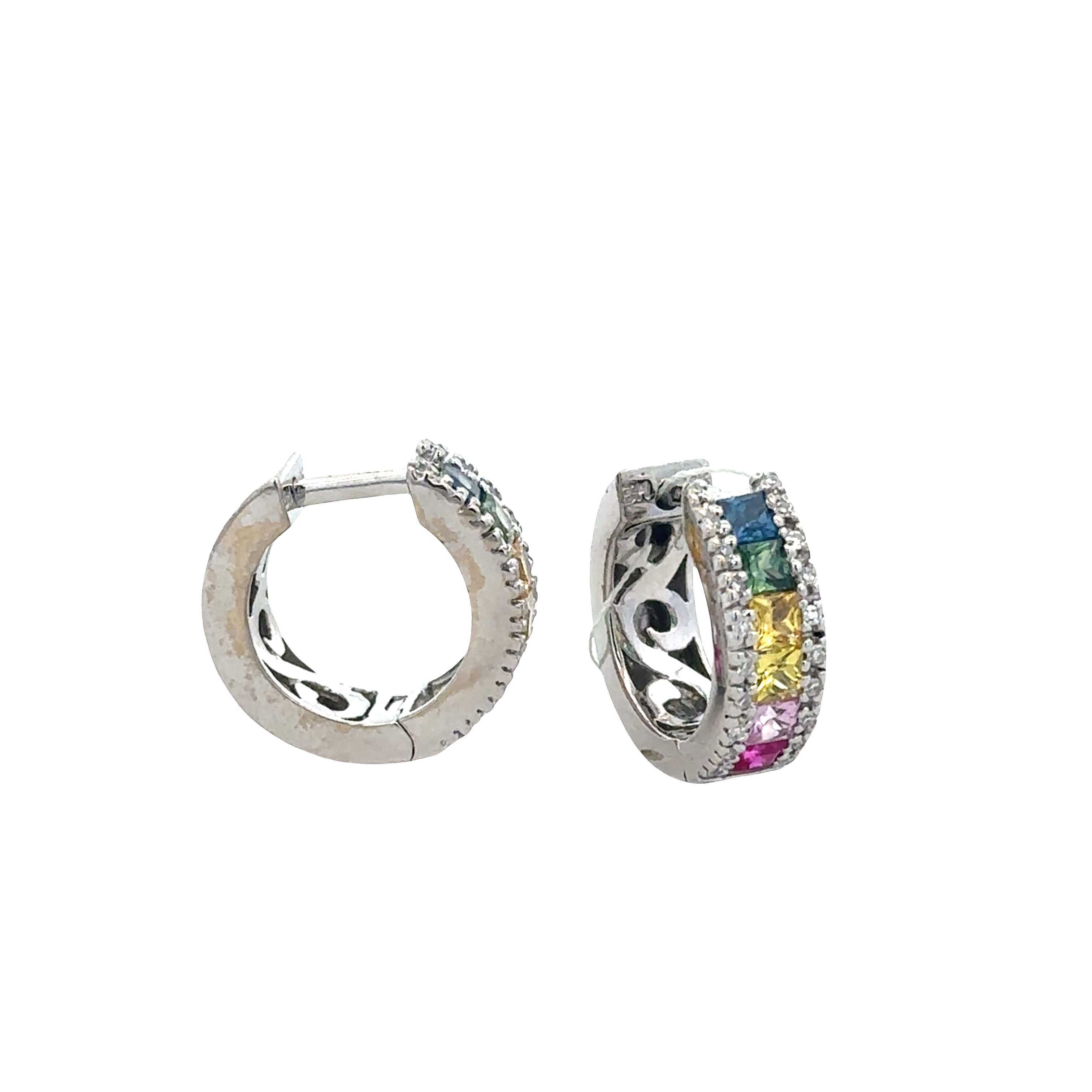 14k White Gold Multicolored Sapphire & Diamond Hoop Earrings