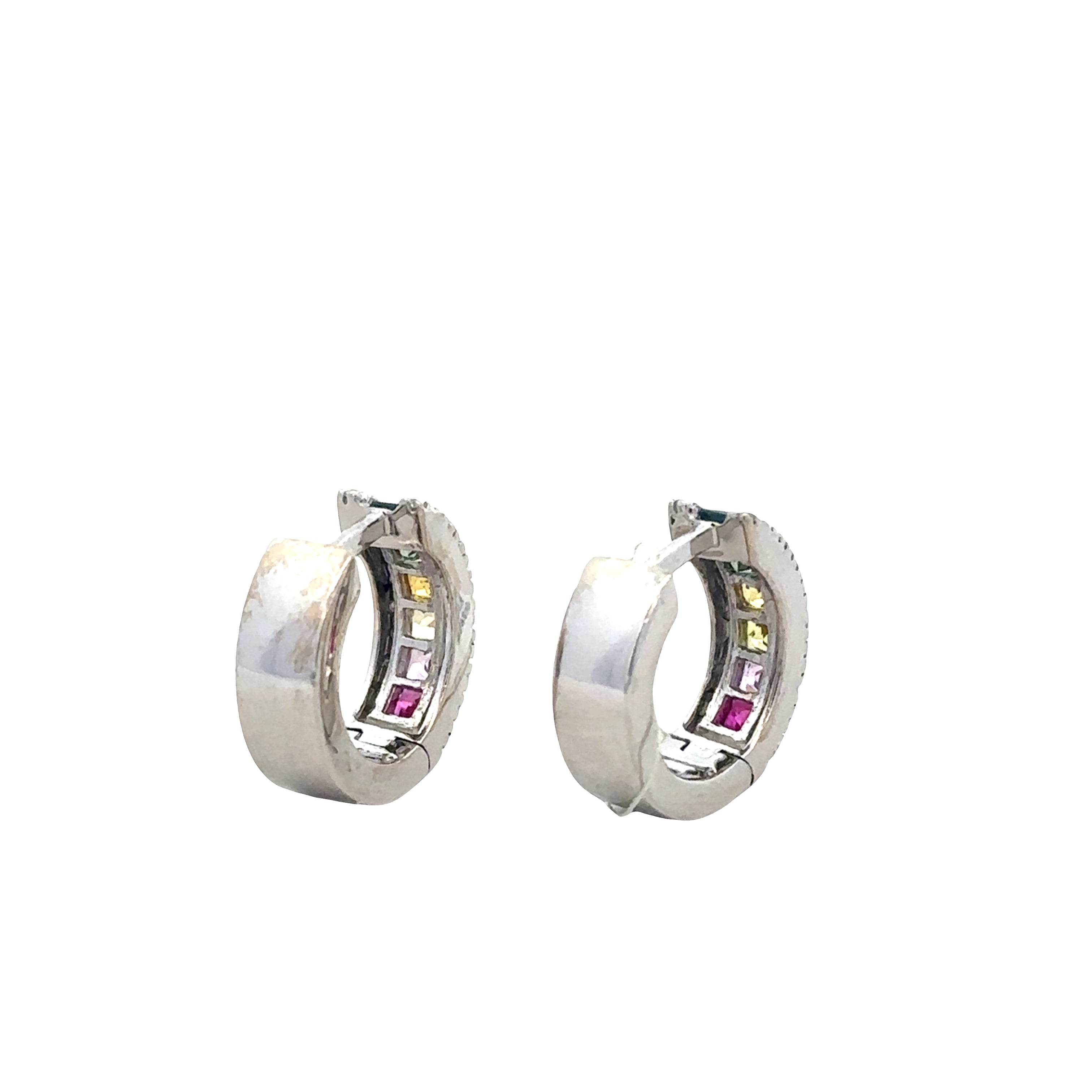 14k White Gold Multicolored Sapphire & Diamond Hoop Earrings