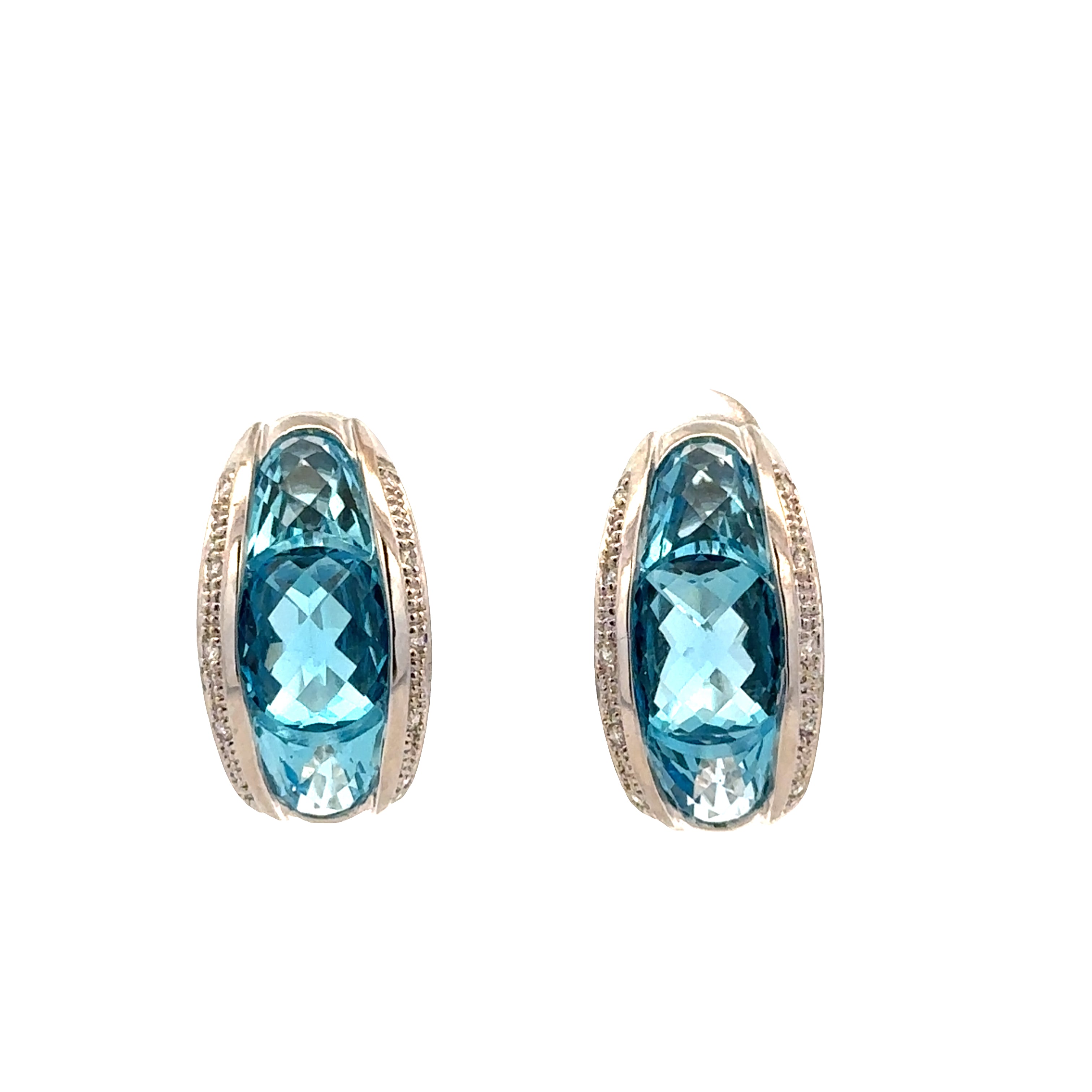 14k White Gold Blue Topaz & Diamond Huggie Earrings – 5/8" Tall