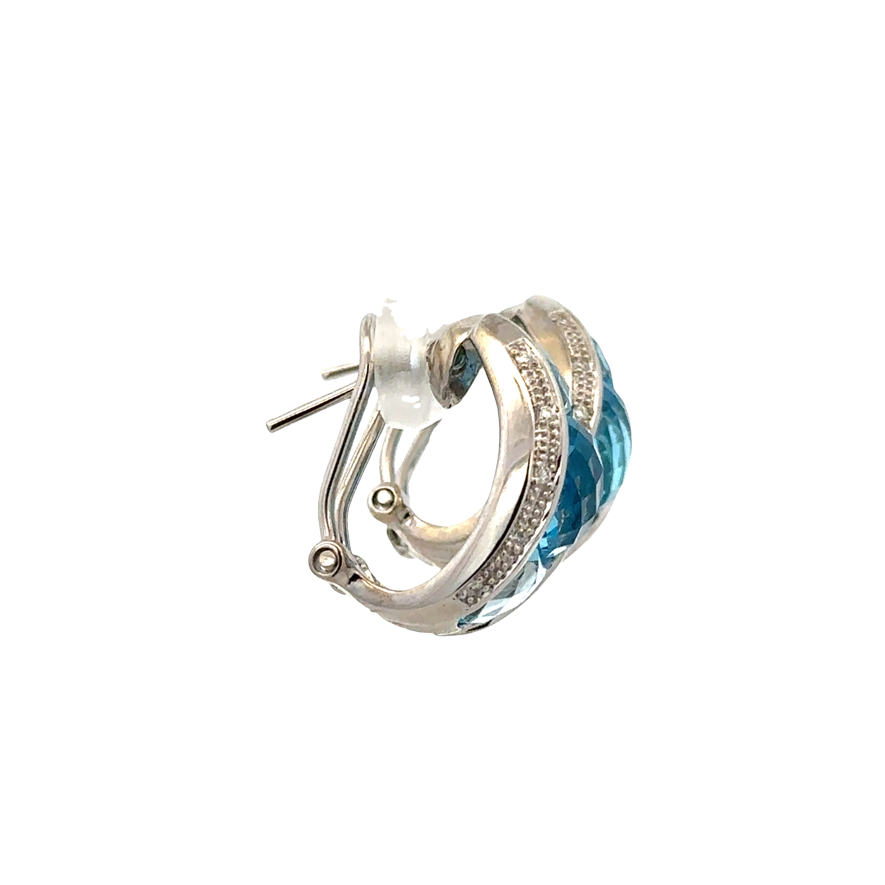 14k White Gold Blue Topaz & Diamond Huggie Earrings – 5/8" Tall