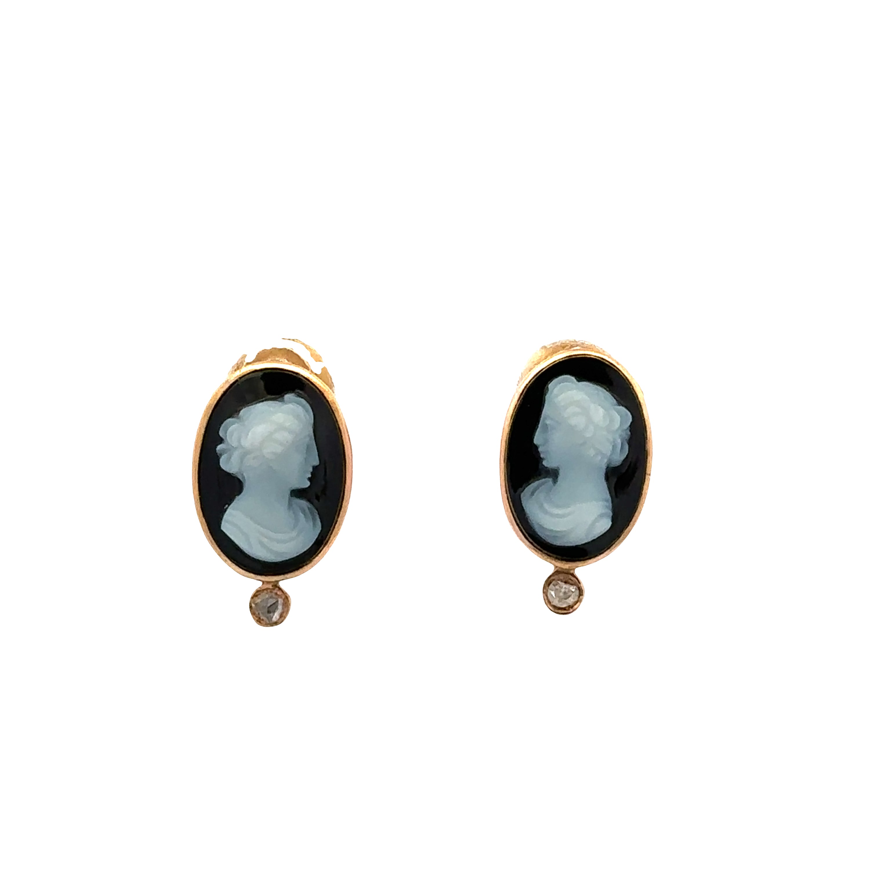 Antique Victorian 14k Rose Gold Hardstone Cameo & Diamond Stud Earrings – Circa 1890s