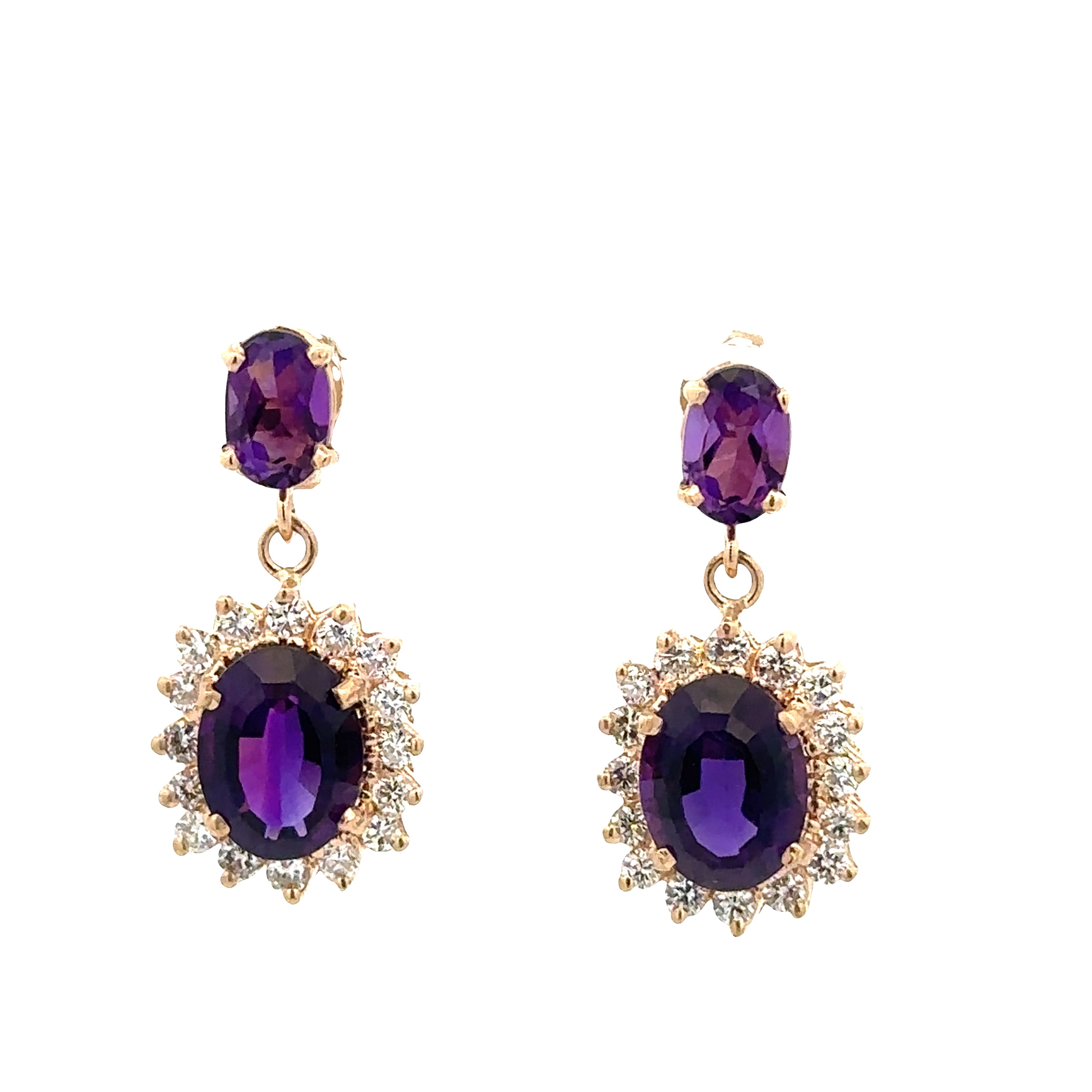 14k Yellow Gold Amethyst & Diamond Drop Earrings