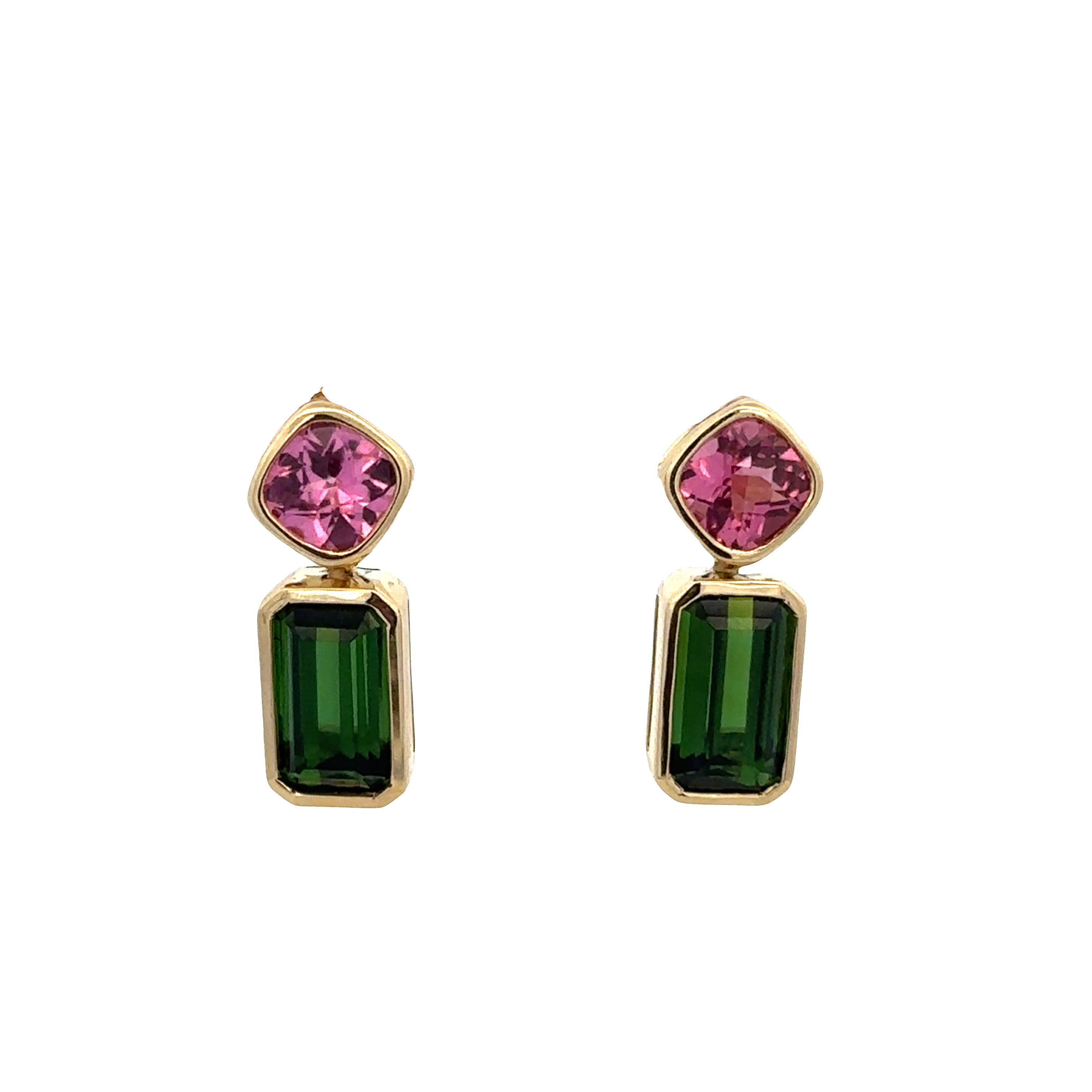 14k Yellow Gold Pink & Green Tourmaline Dangle Earrings