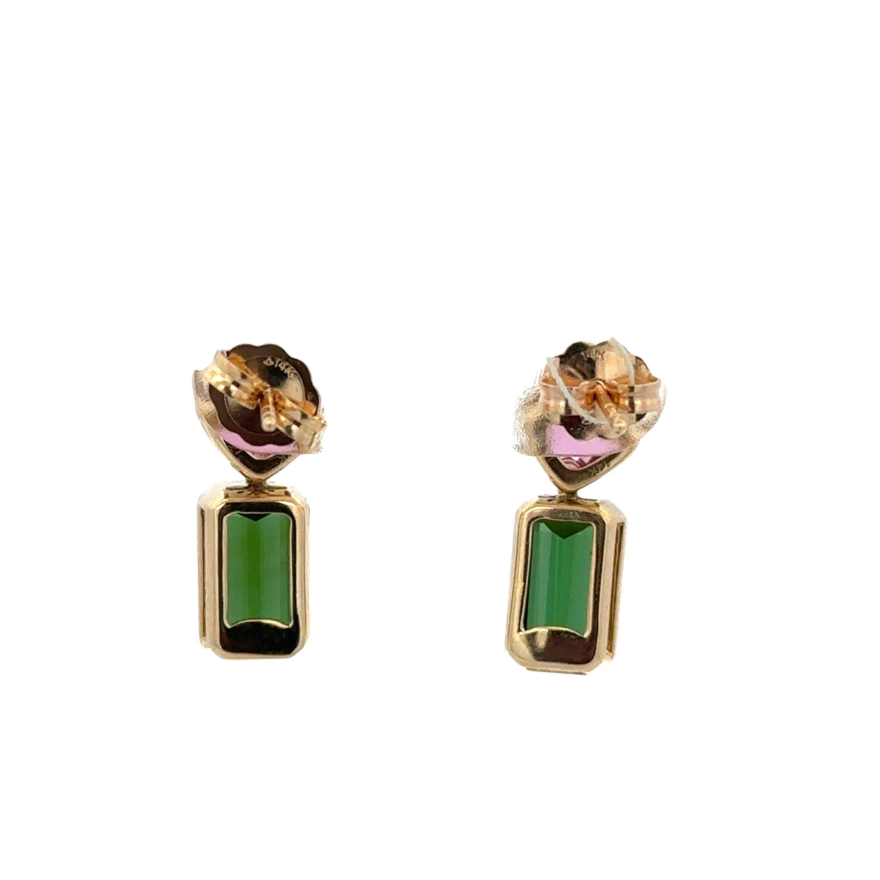 14k Yellow Gold Pink & Green Tourmaline Dangle Earrings