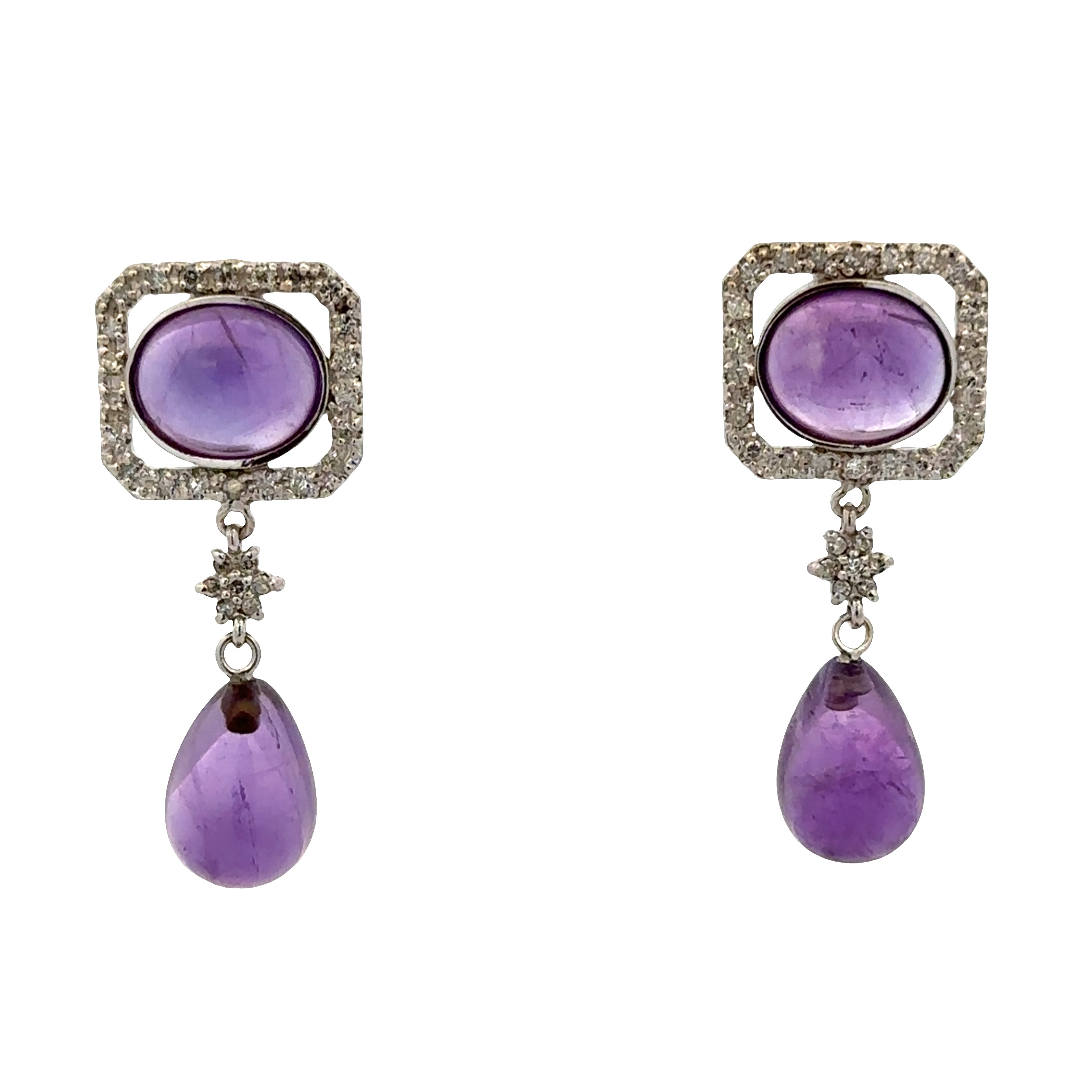 14k White Gold Amethyst & Diamond Vintage-Inspired Drop Earrings