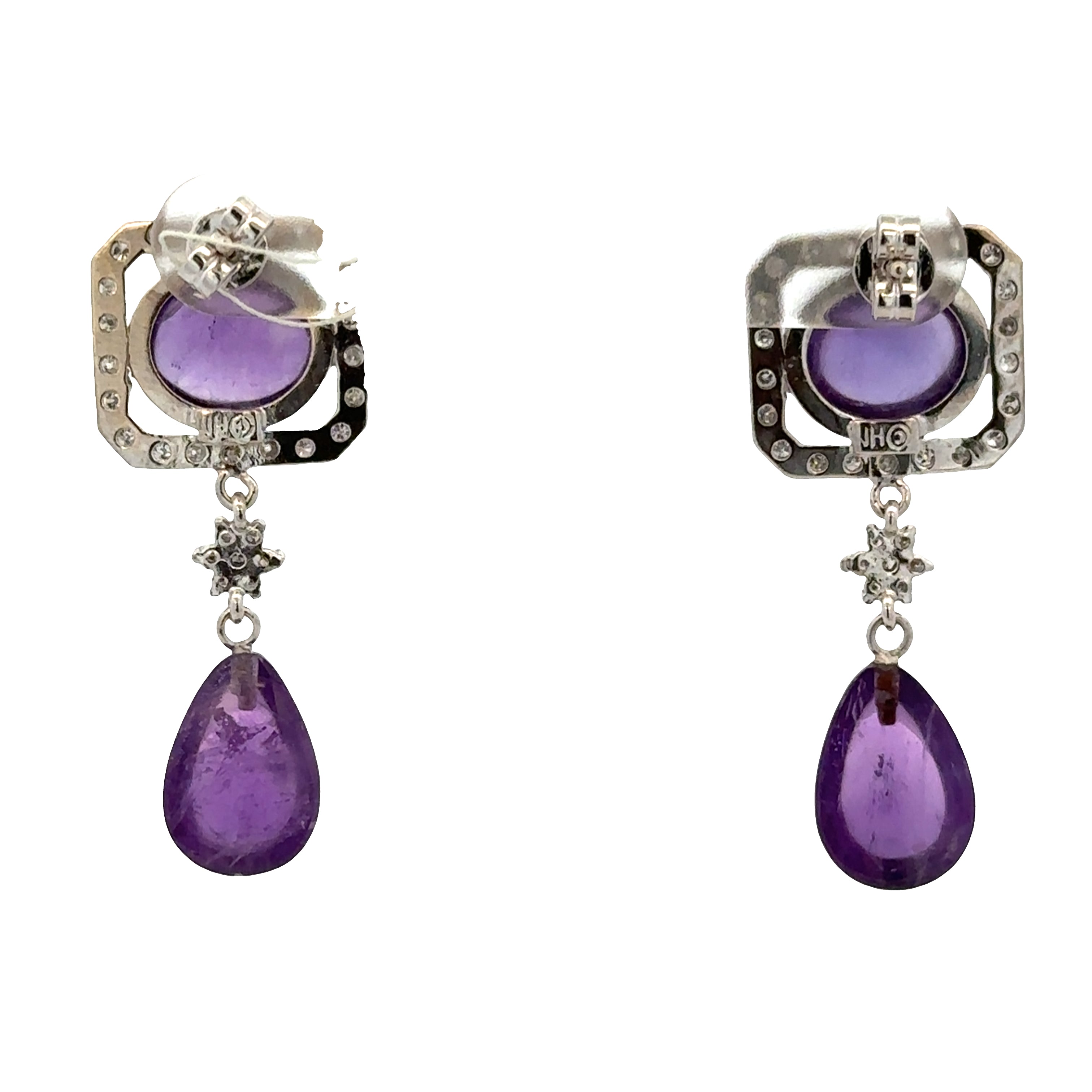 14k White Gold Amethyst & Diamond Vintage-Inspired Drop Earrings