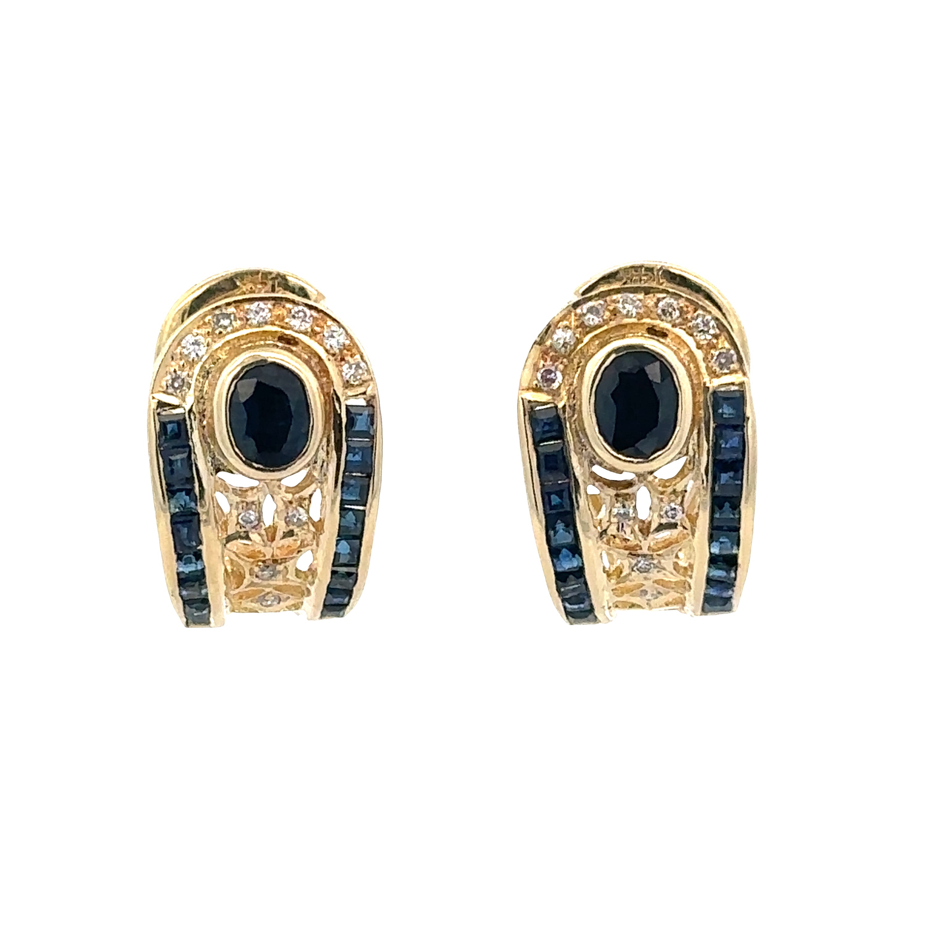 14k Yellow Gold Sapphire & Diamond Huggie Earrings