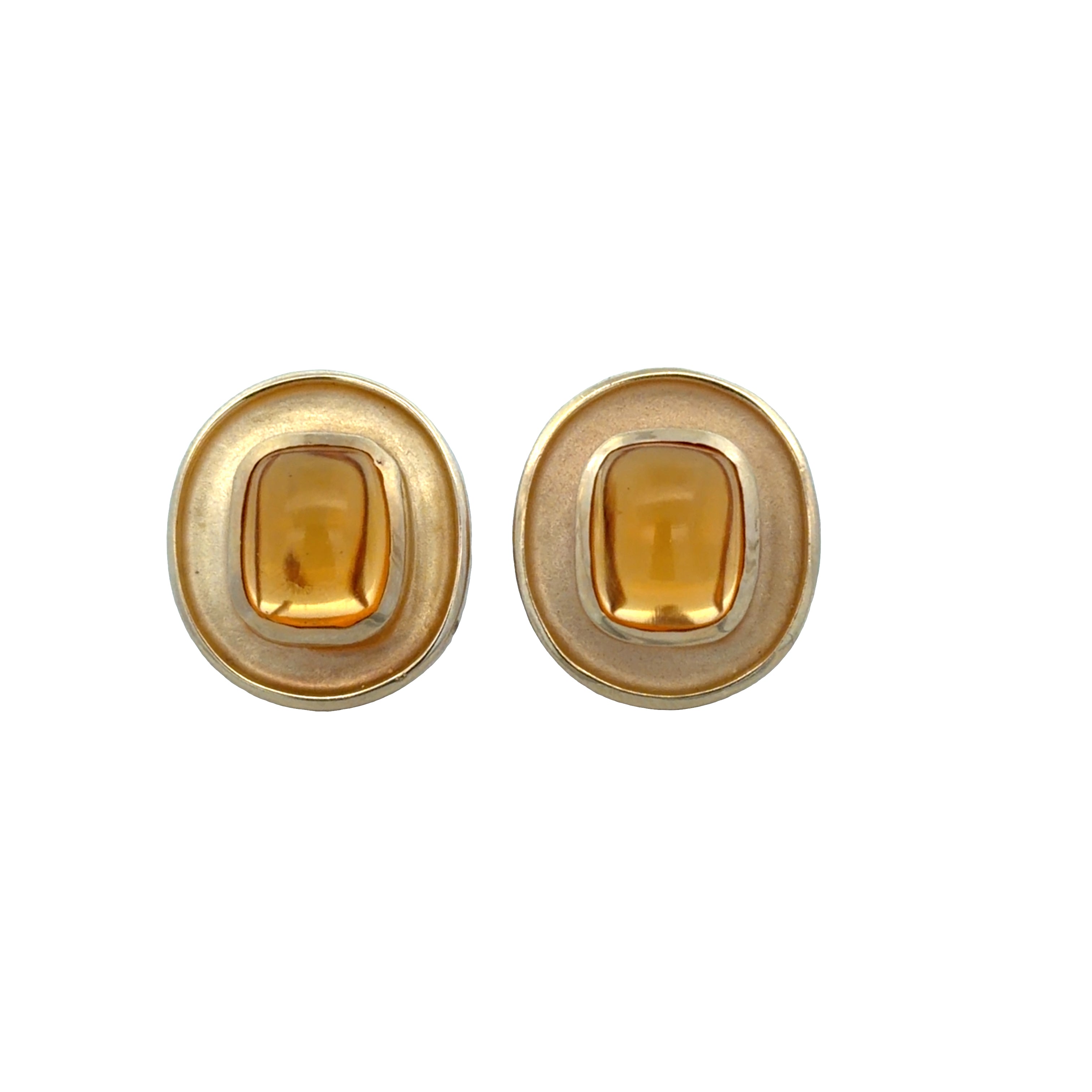 14k Yellow Gold 5.60 CT Oval Citrine Cabochon Earrings with Brushed Finish