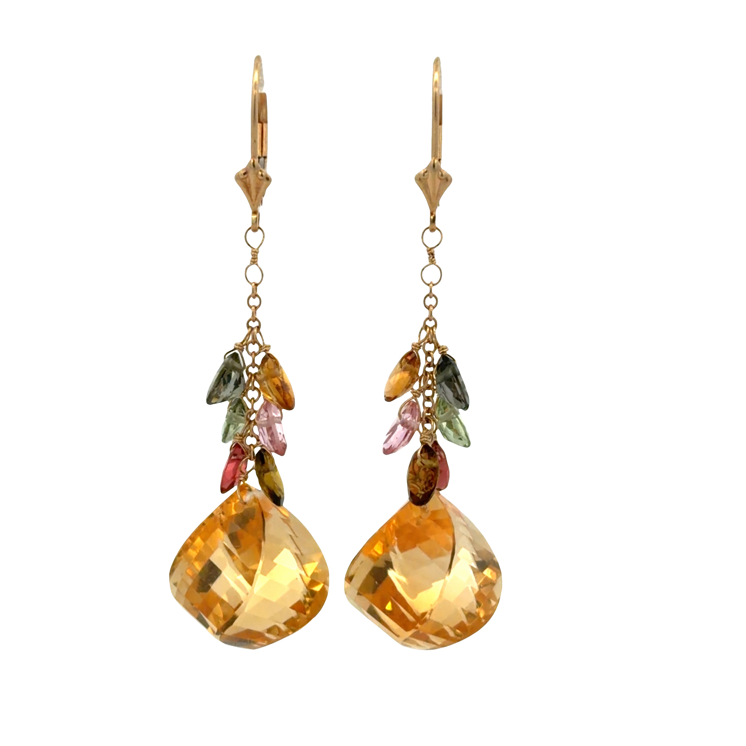 14k Yellow Gold Citrine & Tourmaline Briolette Dangle Earrings