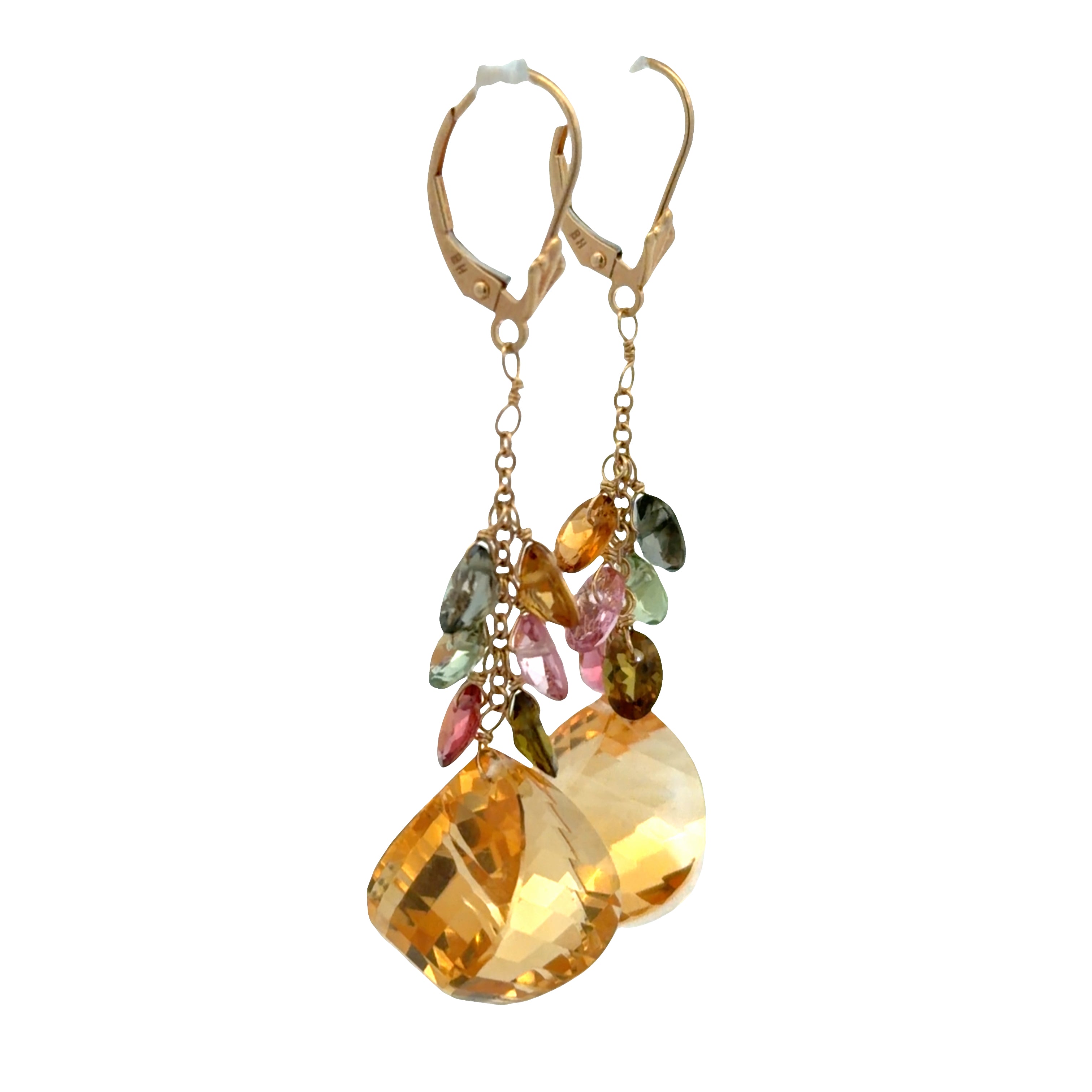 14k Yellow Gold Citrine & Tourmaline Briolette Dangle Earrings