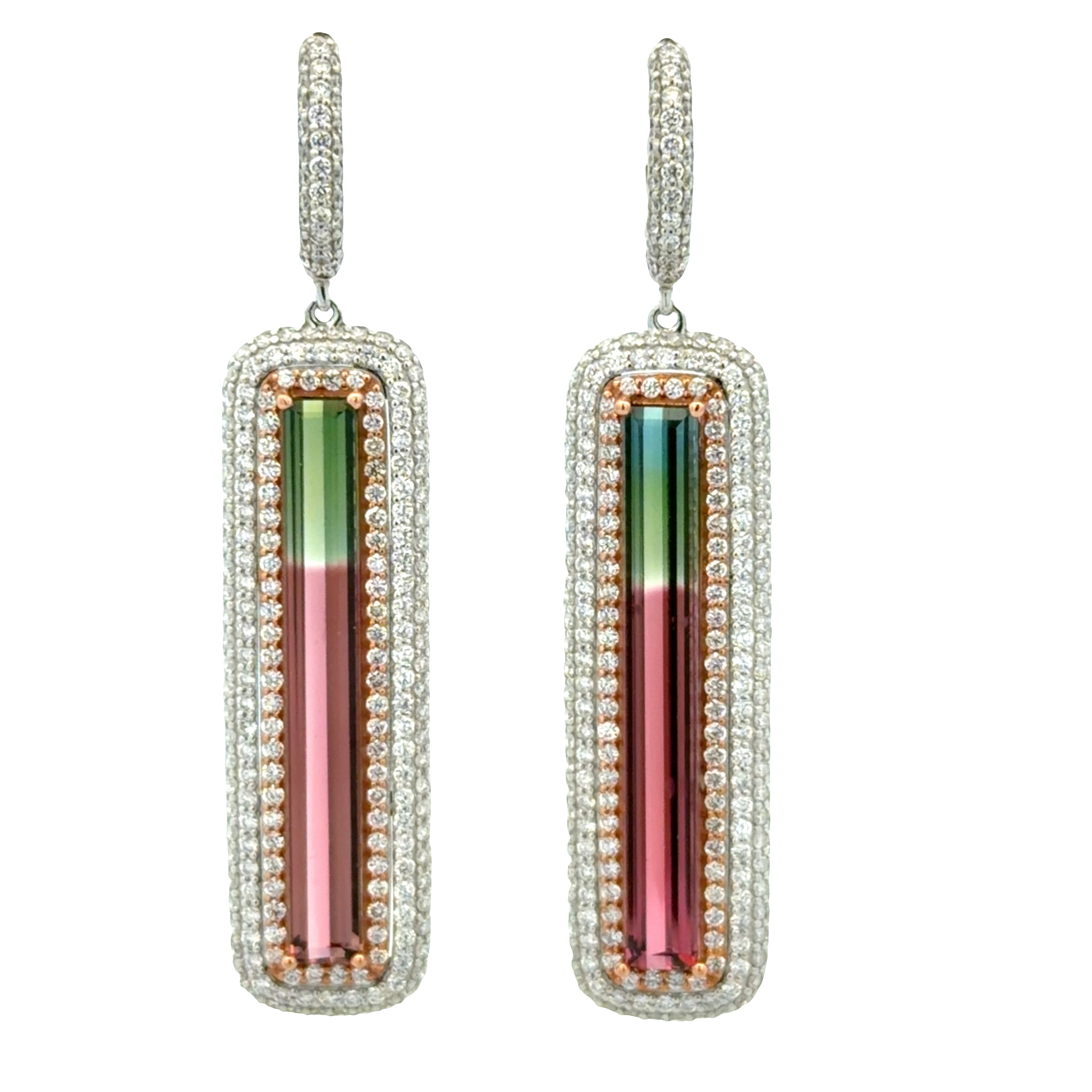 18k White Gold Bi-Color Watermelon Tourmaline & 2.66 CT Diamond Drop Earrings