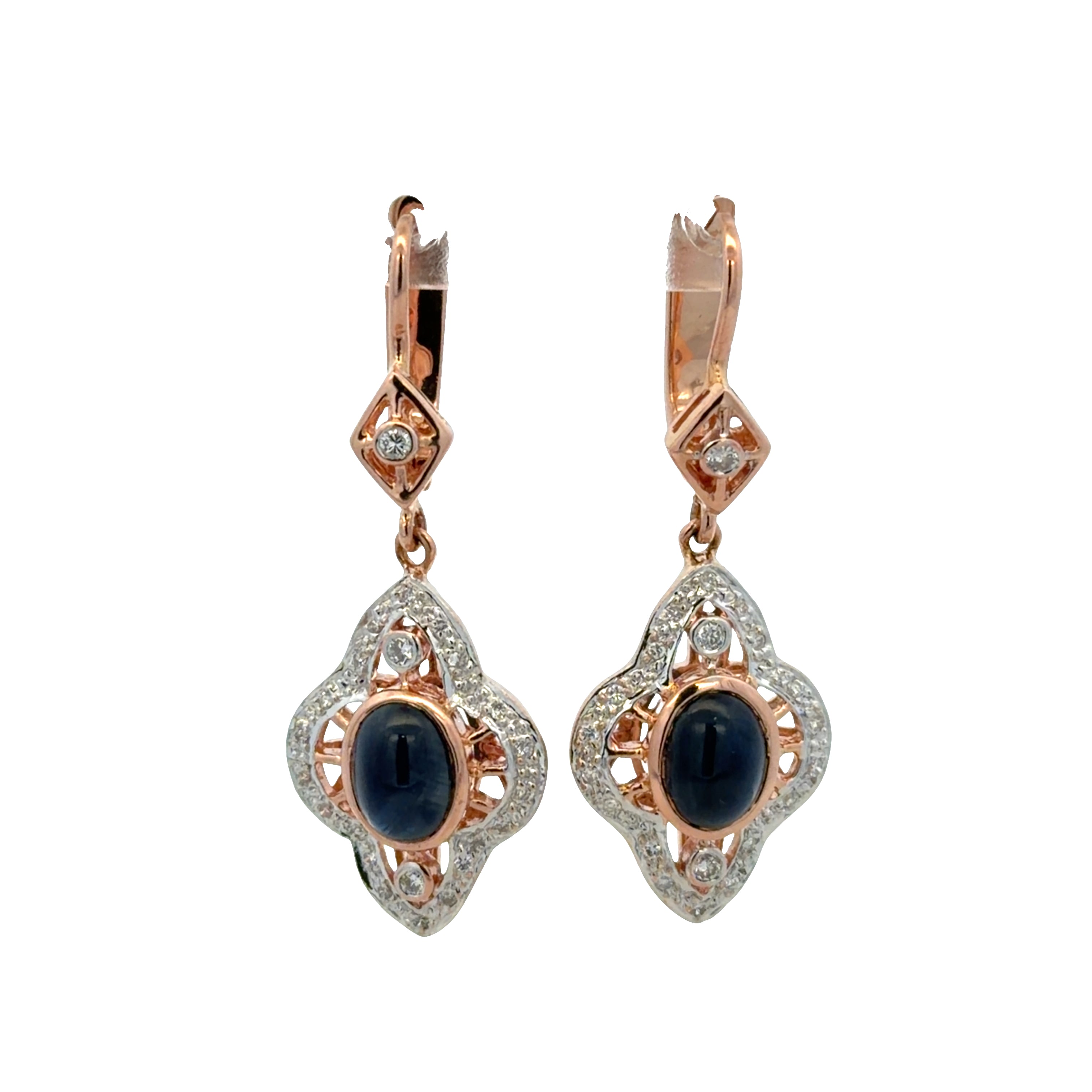 14k Rose Gold Blue Sapphire & Diamond Quatrefoil Drop Earrings