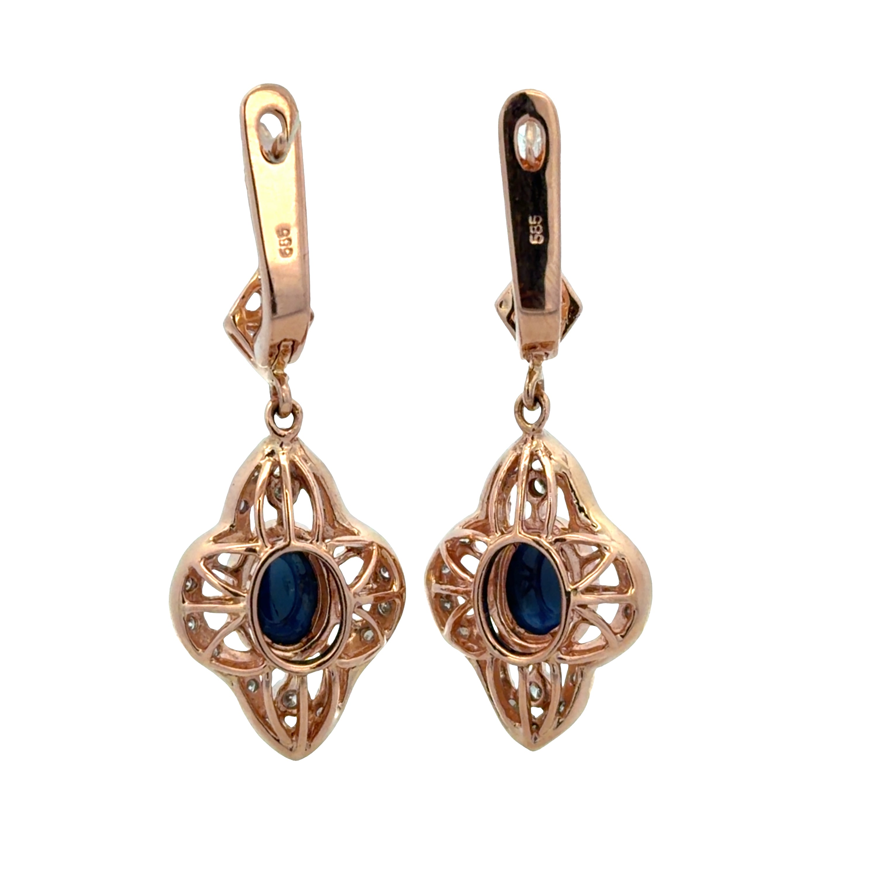14k Rose Gold Blue Sapphire & Diamond Quatrefoil Drop Earrings