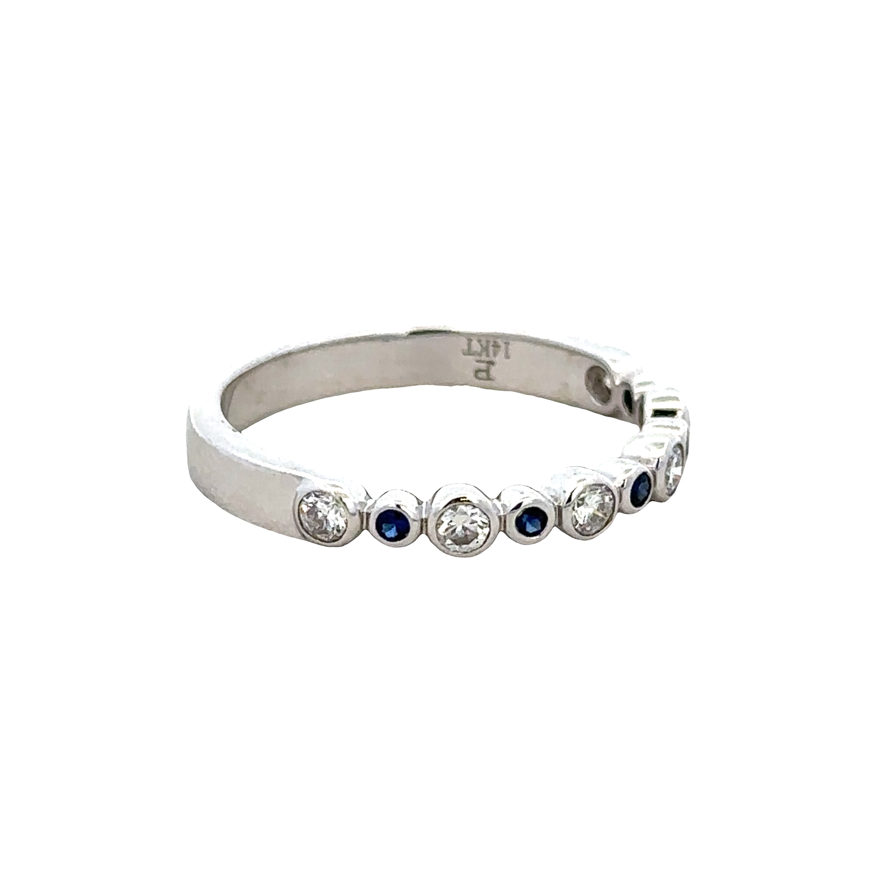 14k White Gold Sapphire & Diamond Alternating Bezel Band – Size 6.5