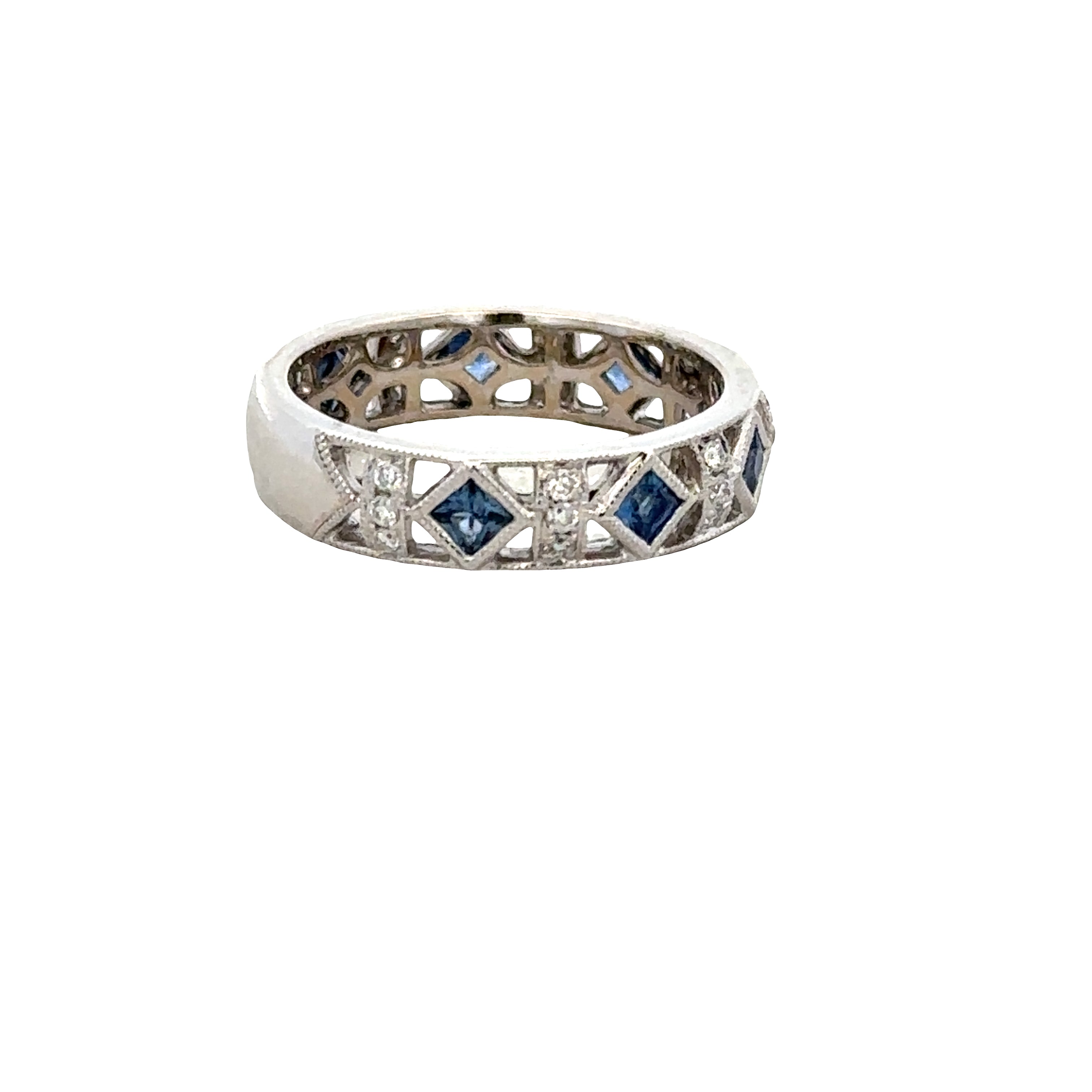 Estate Gabriel & Co. 14k White Gold Sapphire and Diamond Openwork Band – Size 6.25