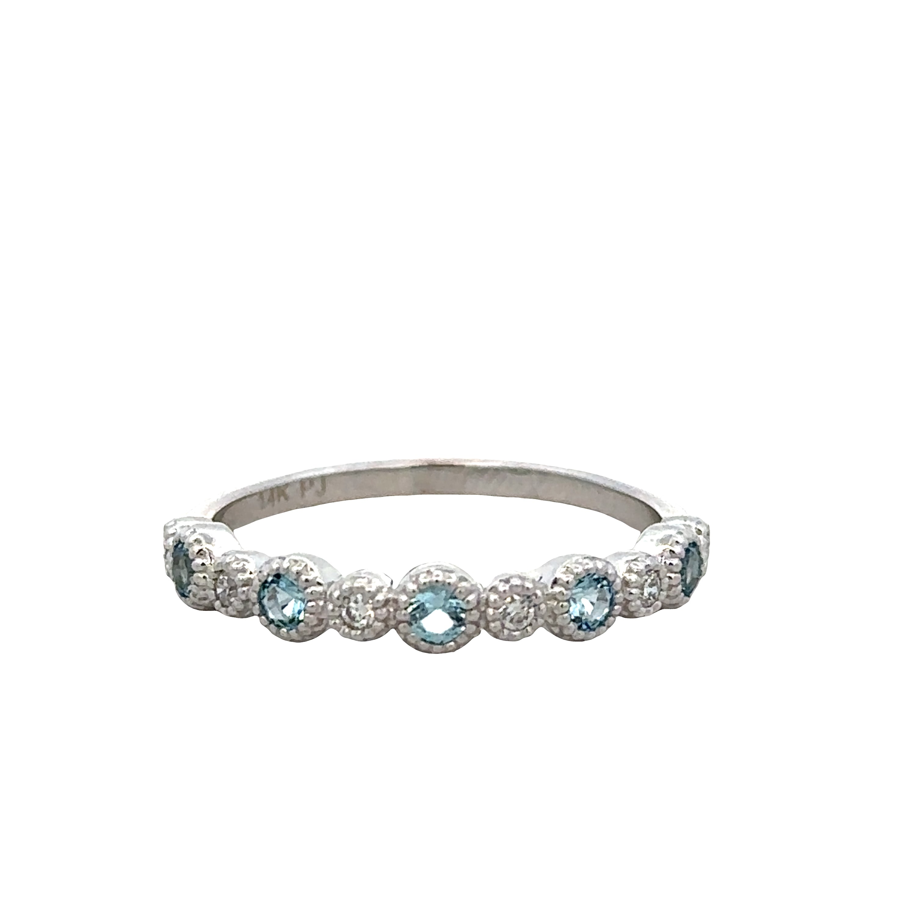 14k White Gold Aquamarine & Diamond Wedding Band – Size 6.5