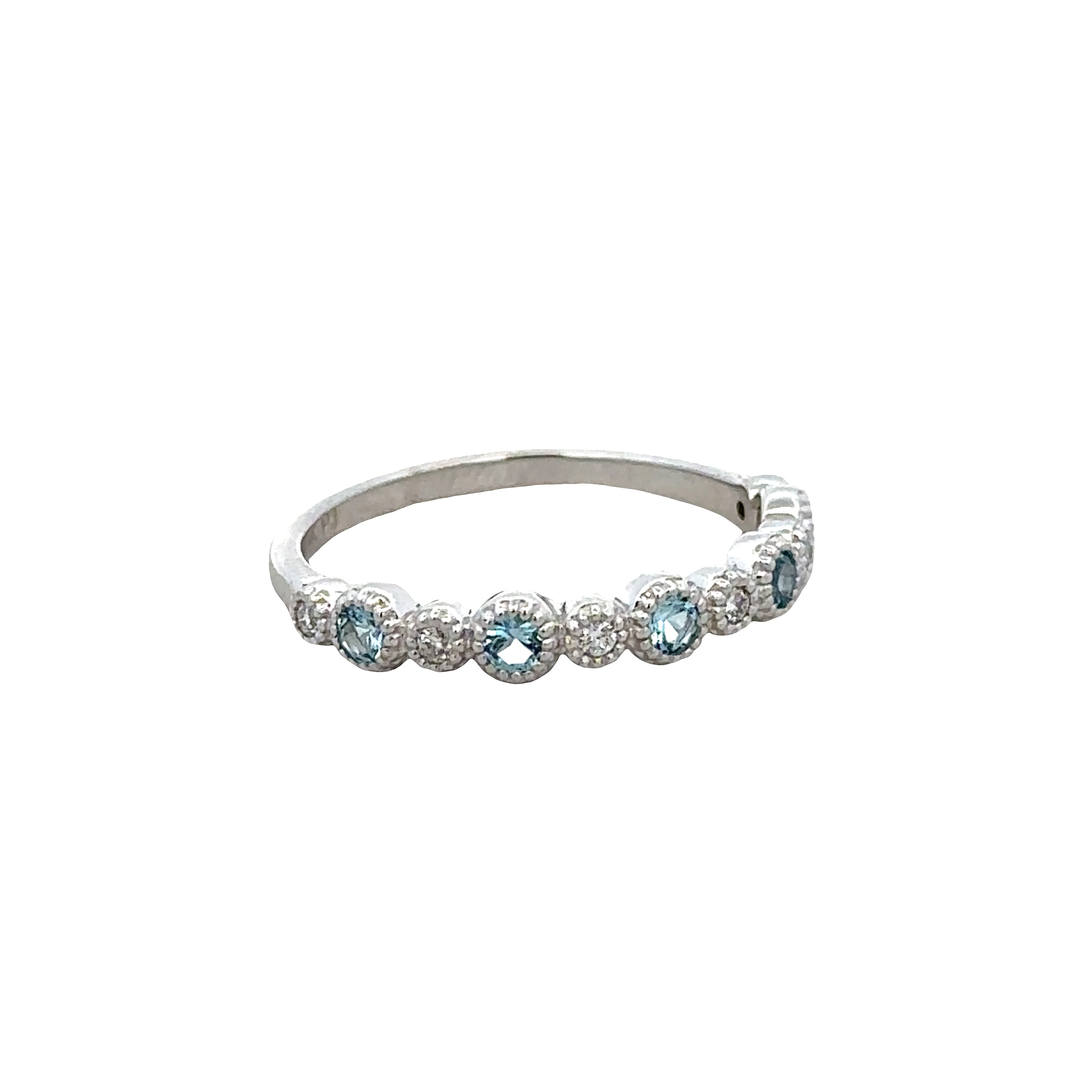 14k White Gold Aquamarine & Diamond Wedding Band – Size 6.5