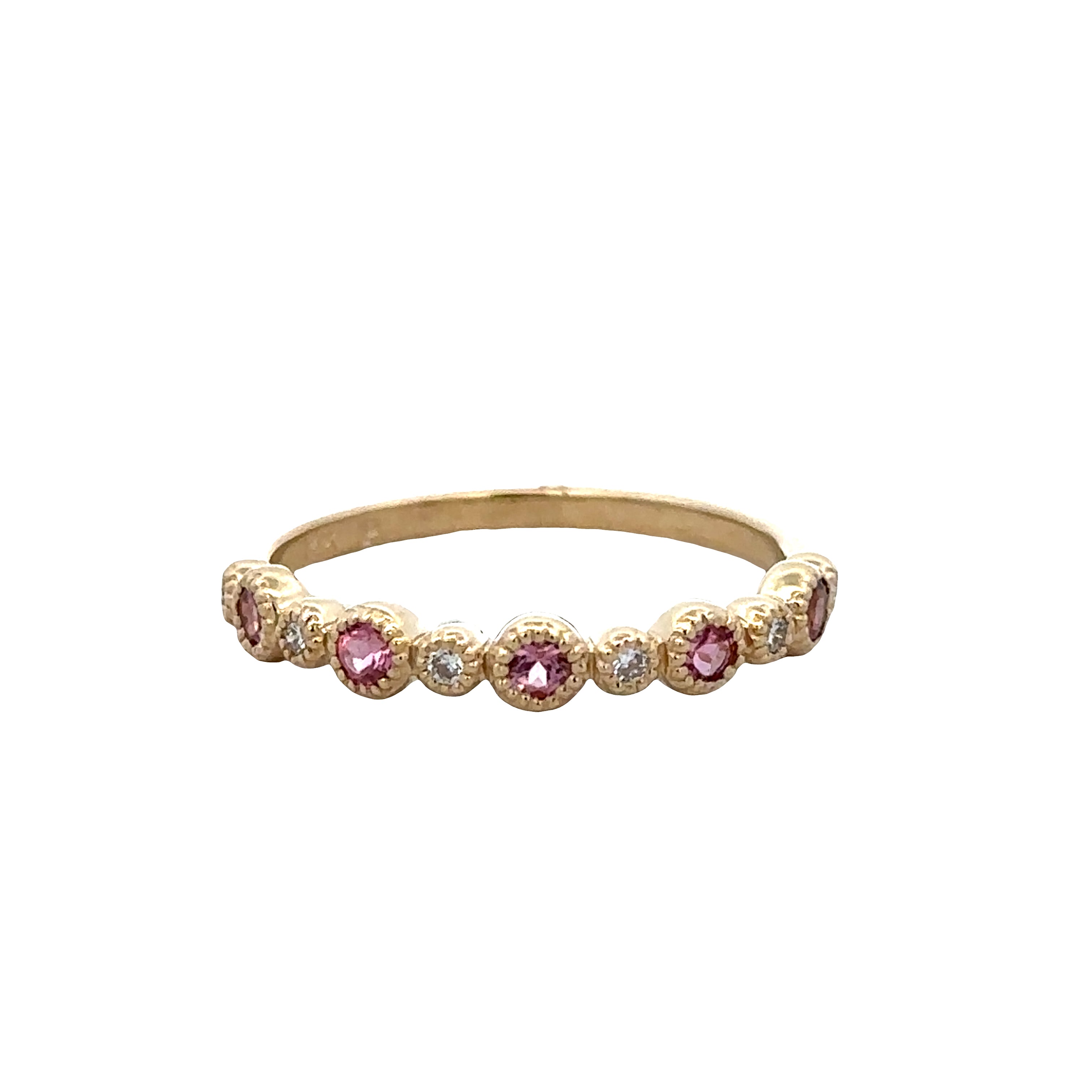 14k Yellow Gold Pink Tourmaline & Diamond Alternating Band – Size 6.75