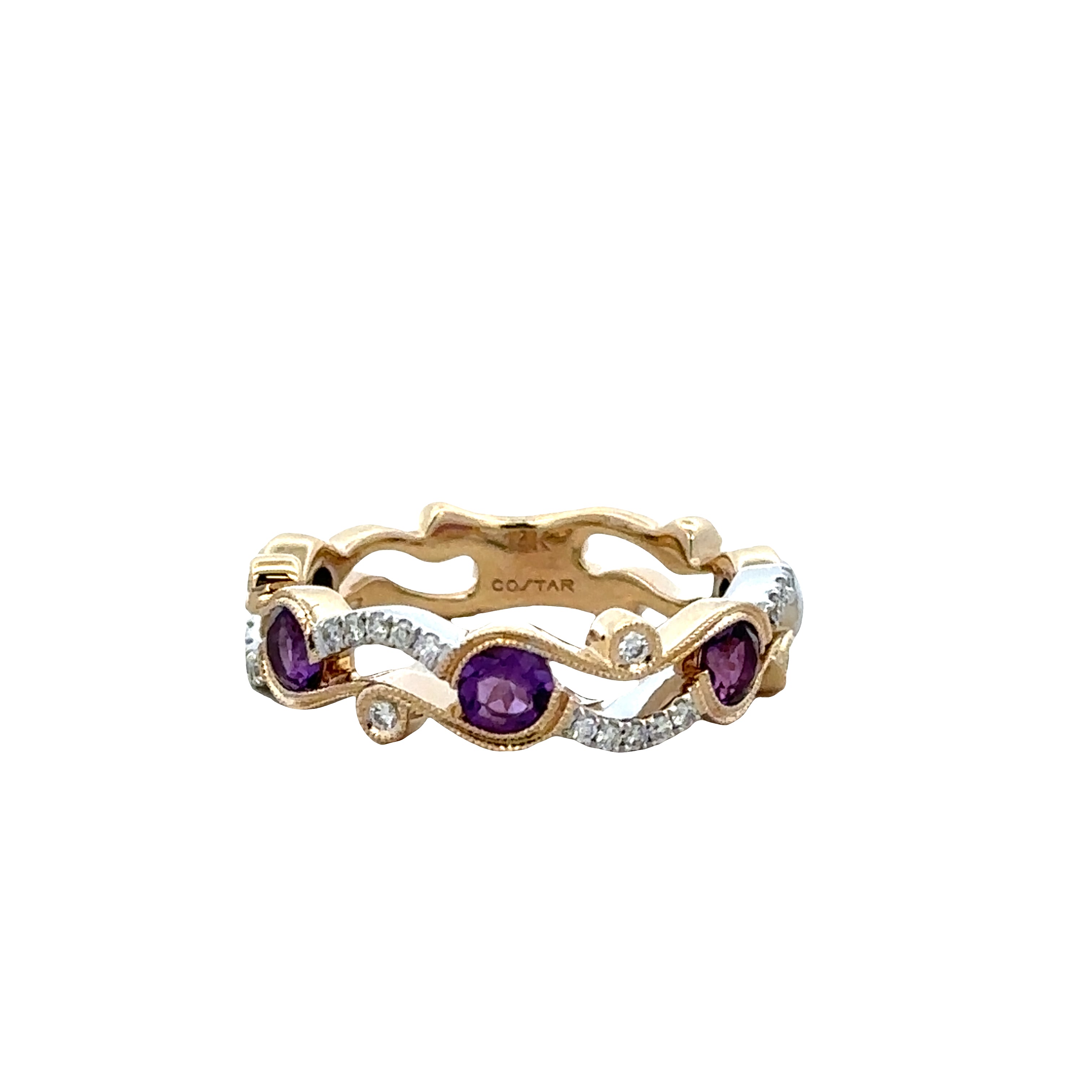14k Two-Tone Gold Amethyst & Diamond Openwork Band – Size 6