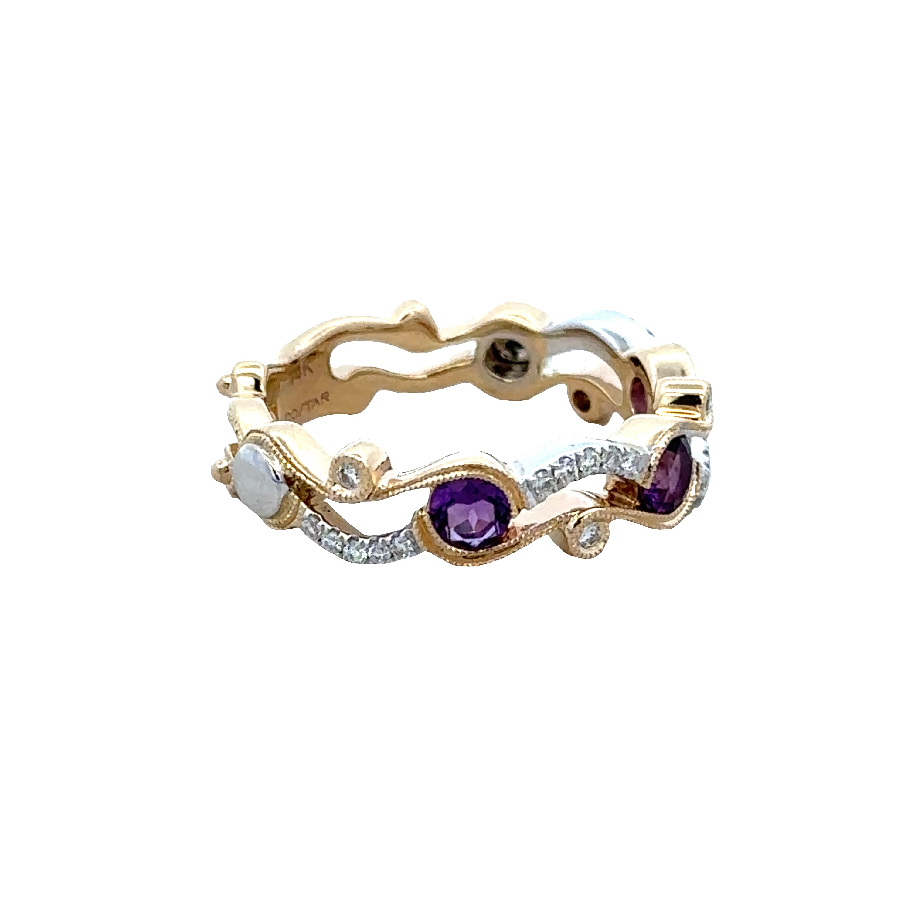 14k Two-Tone Gold Amethyst & Diamond Openwork Band – Size 6