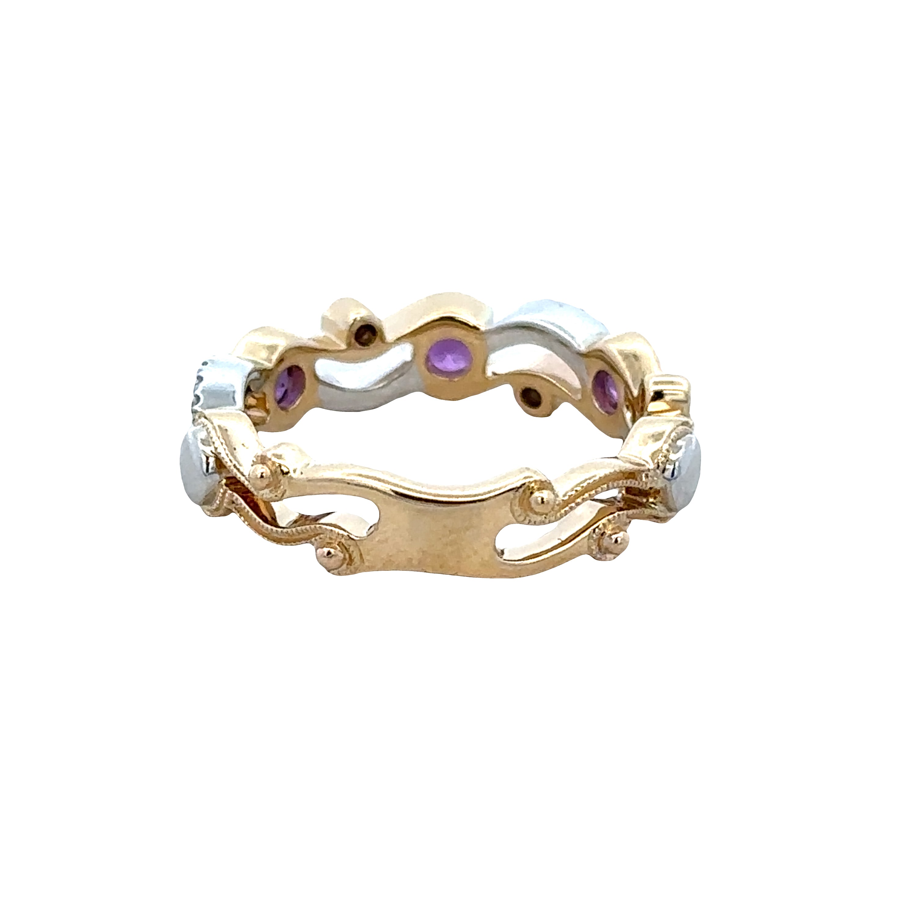 14k Two-Tone Gold Amethyst & Diamond Openwork Band – Size 6