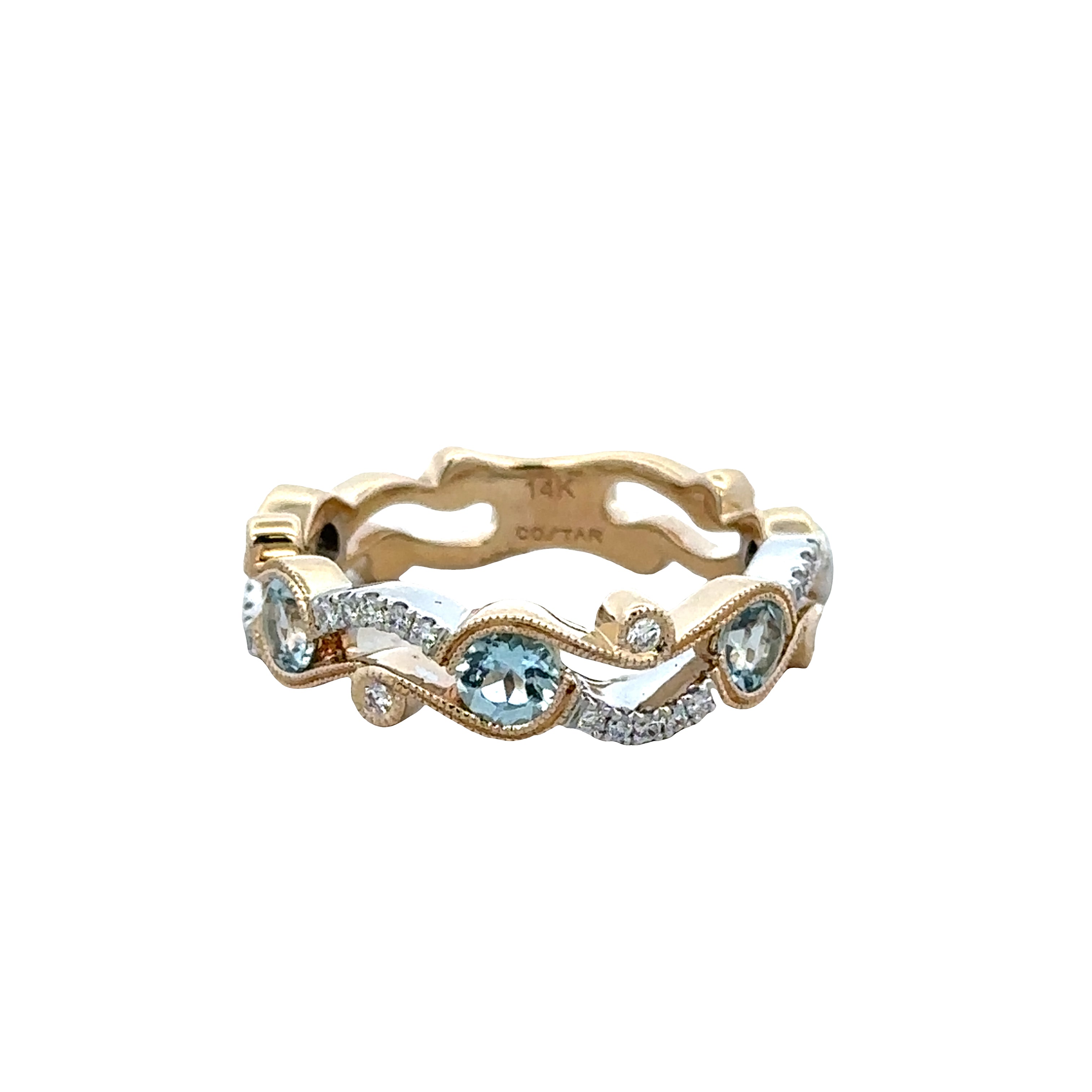 14k Two-Tone Gold Aquamarine & Diamond Openwork Band – Size 6
