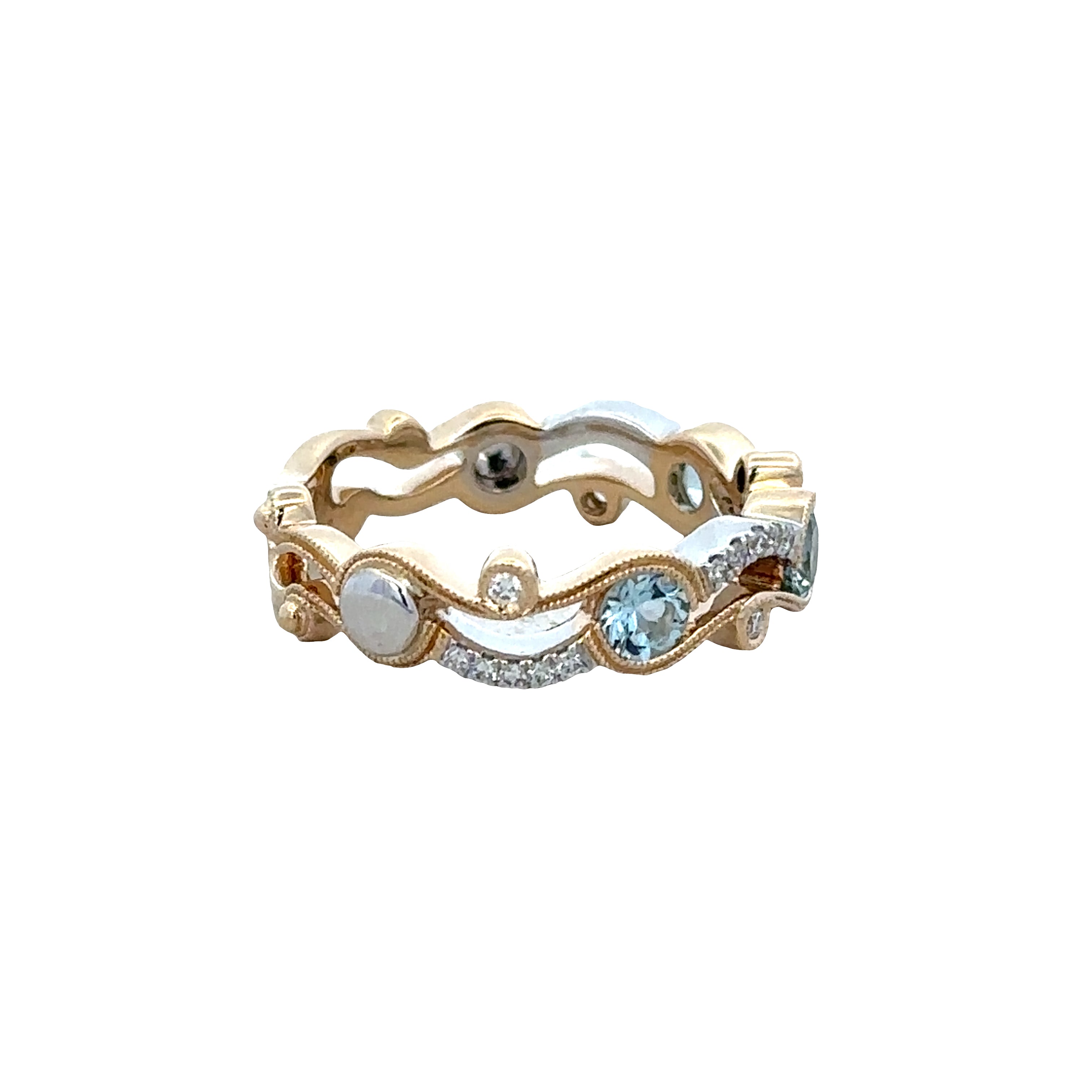 14k Two-Tone Gold Aquamarine & Diamond Openwork Band – Size 6