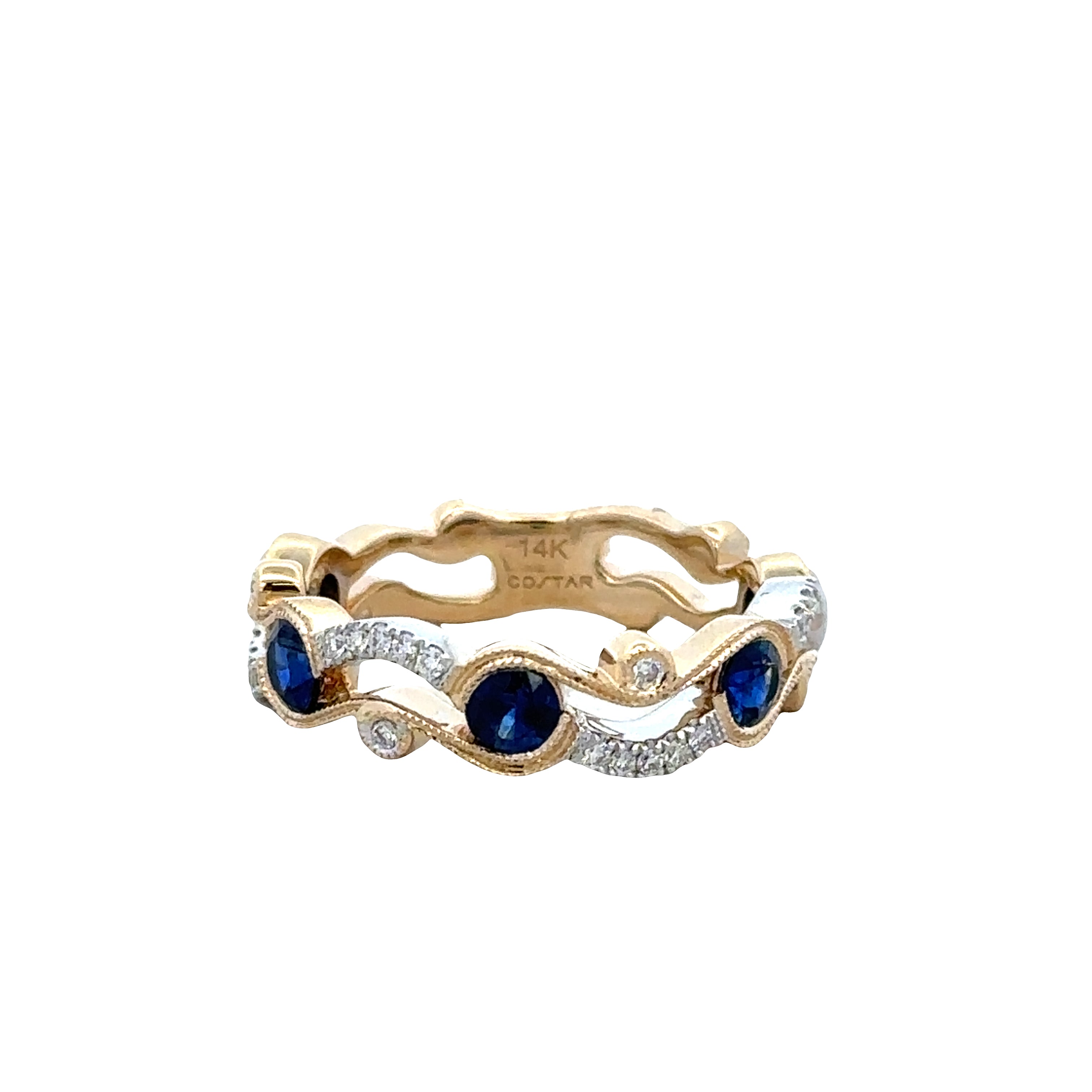 14k Two-Tone Gold Blue Sapphire & Diamond Openwork Band – Size 6