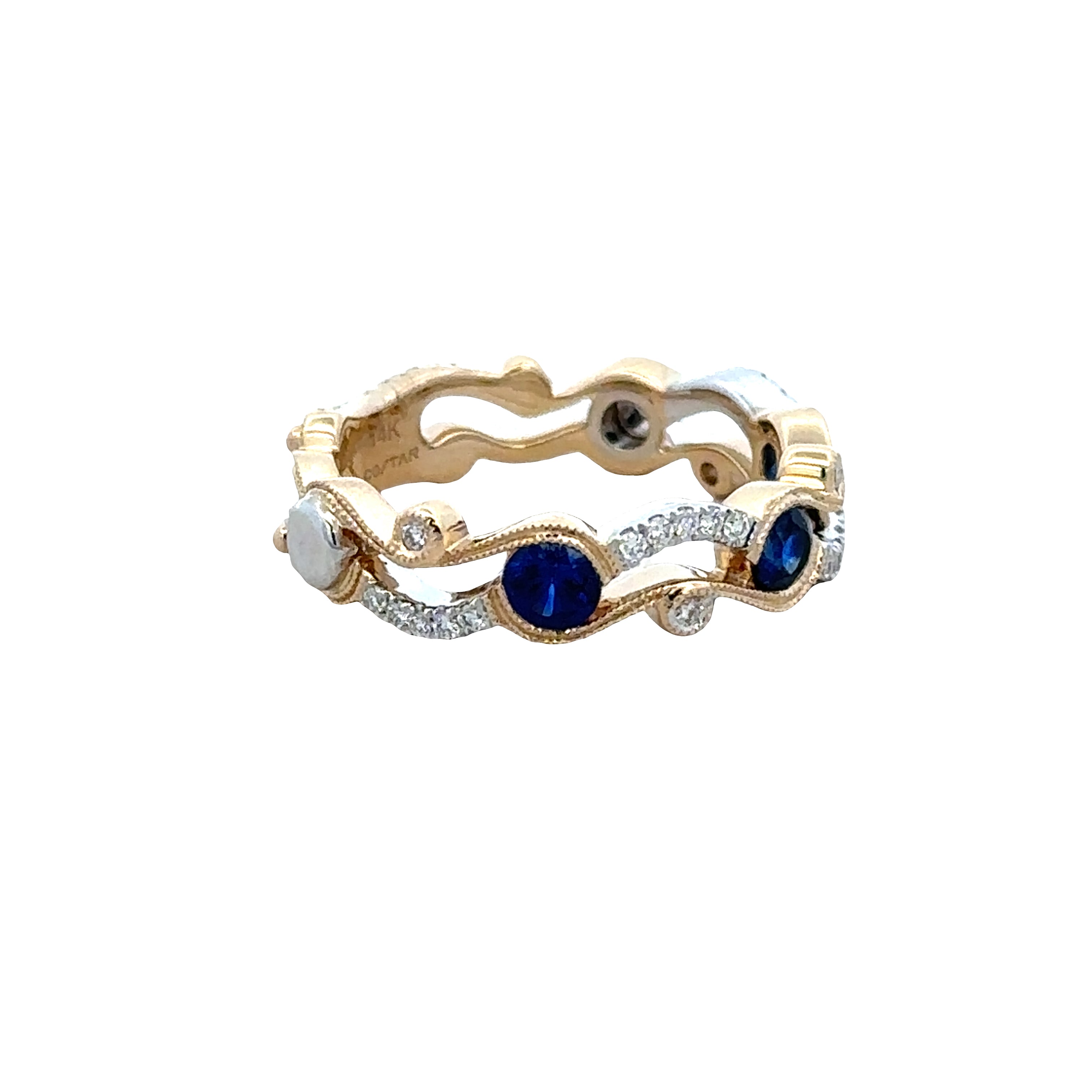 14k Two-Tone Gold Blue Sapphire & Diamond Openwork Band – Size 6
