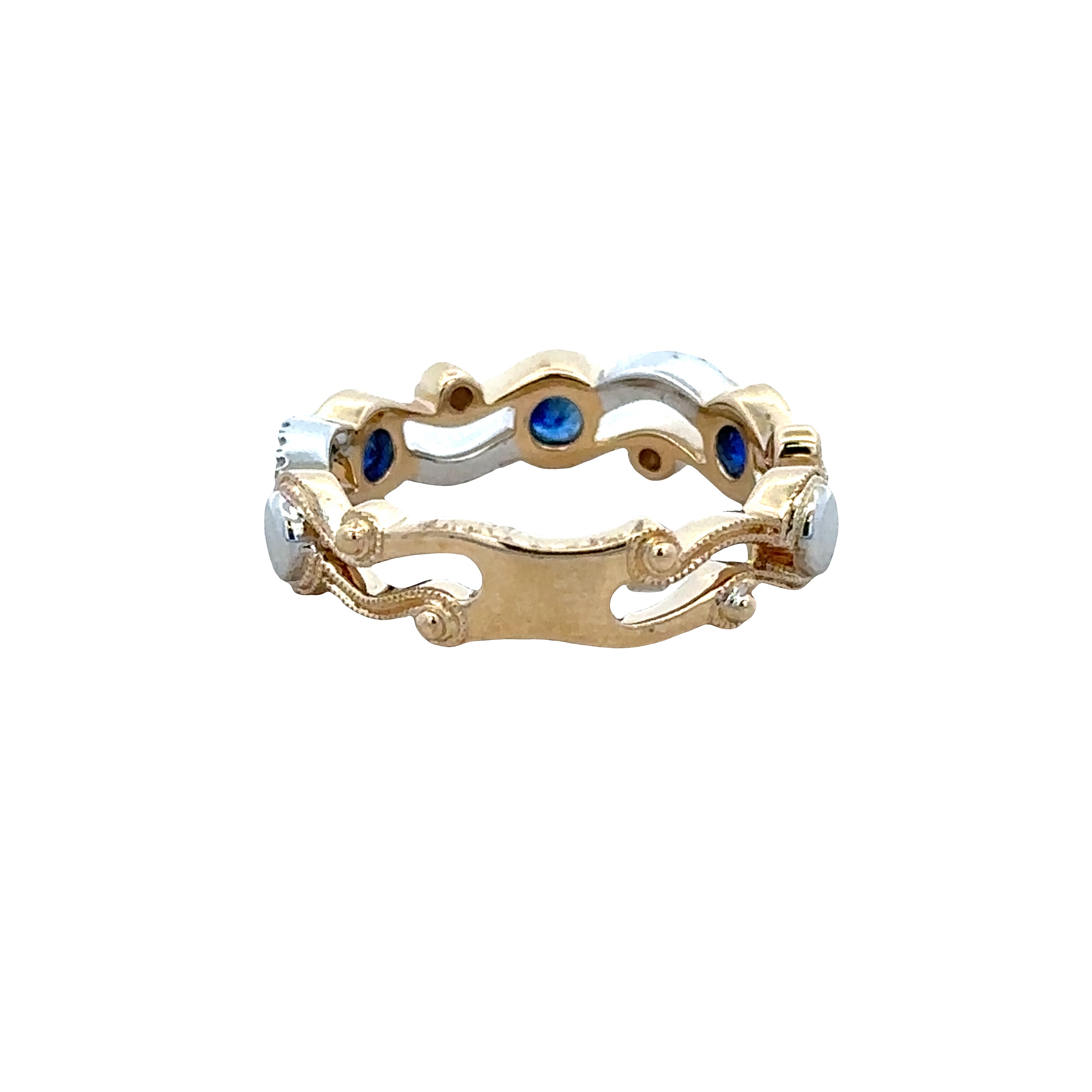 14k Two-Tone Gold Blue Sapphire & Diamond Openwork Band – Size 6