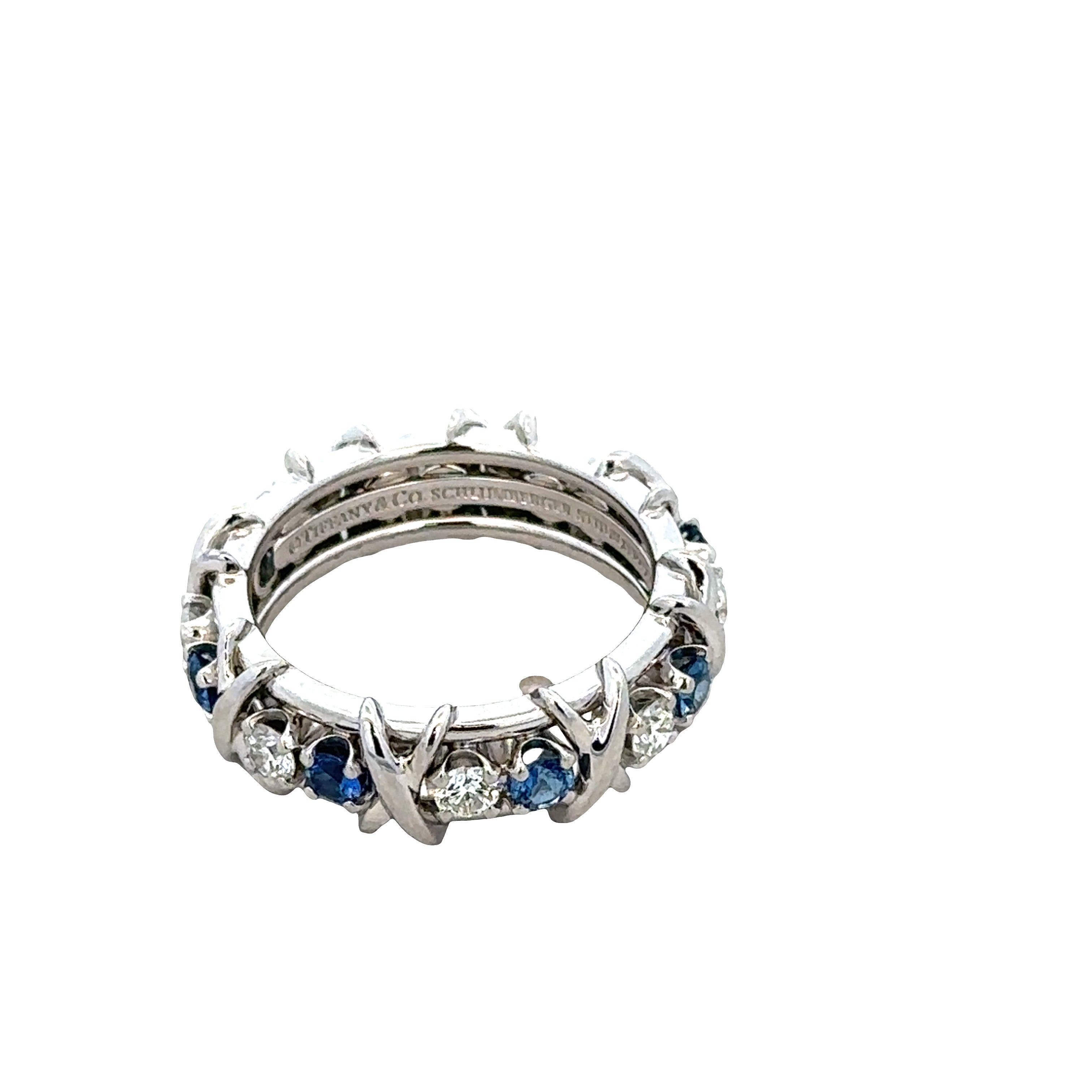 Estate Tiffany & Co. Schlumberger Platinum Sapphire & Diamond X Motif Eternity Band – Size 7