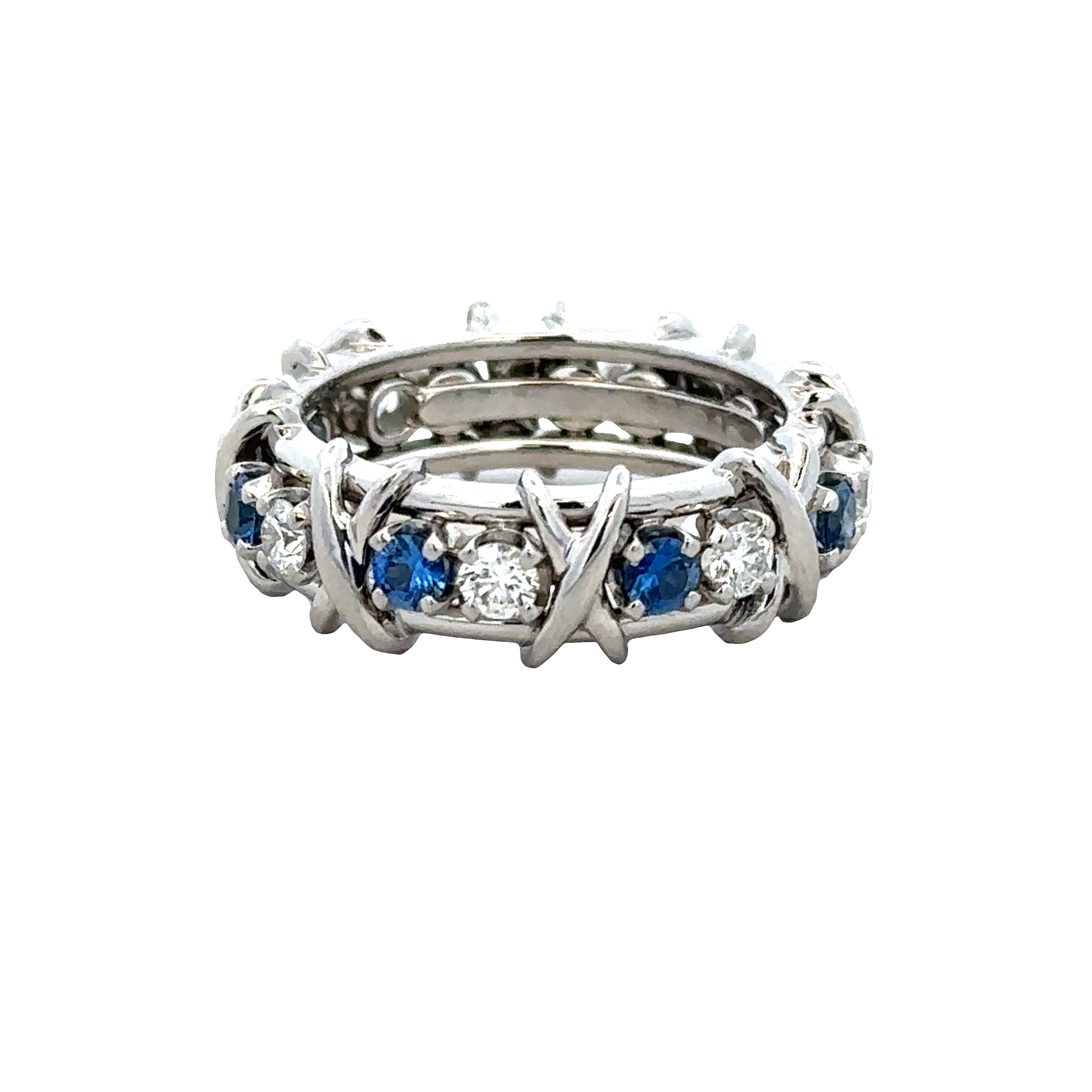 Estate Tiffany & Co. Schlumberger Platinum Sapphire & Diamond X Motif Eternity Band – Size 7