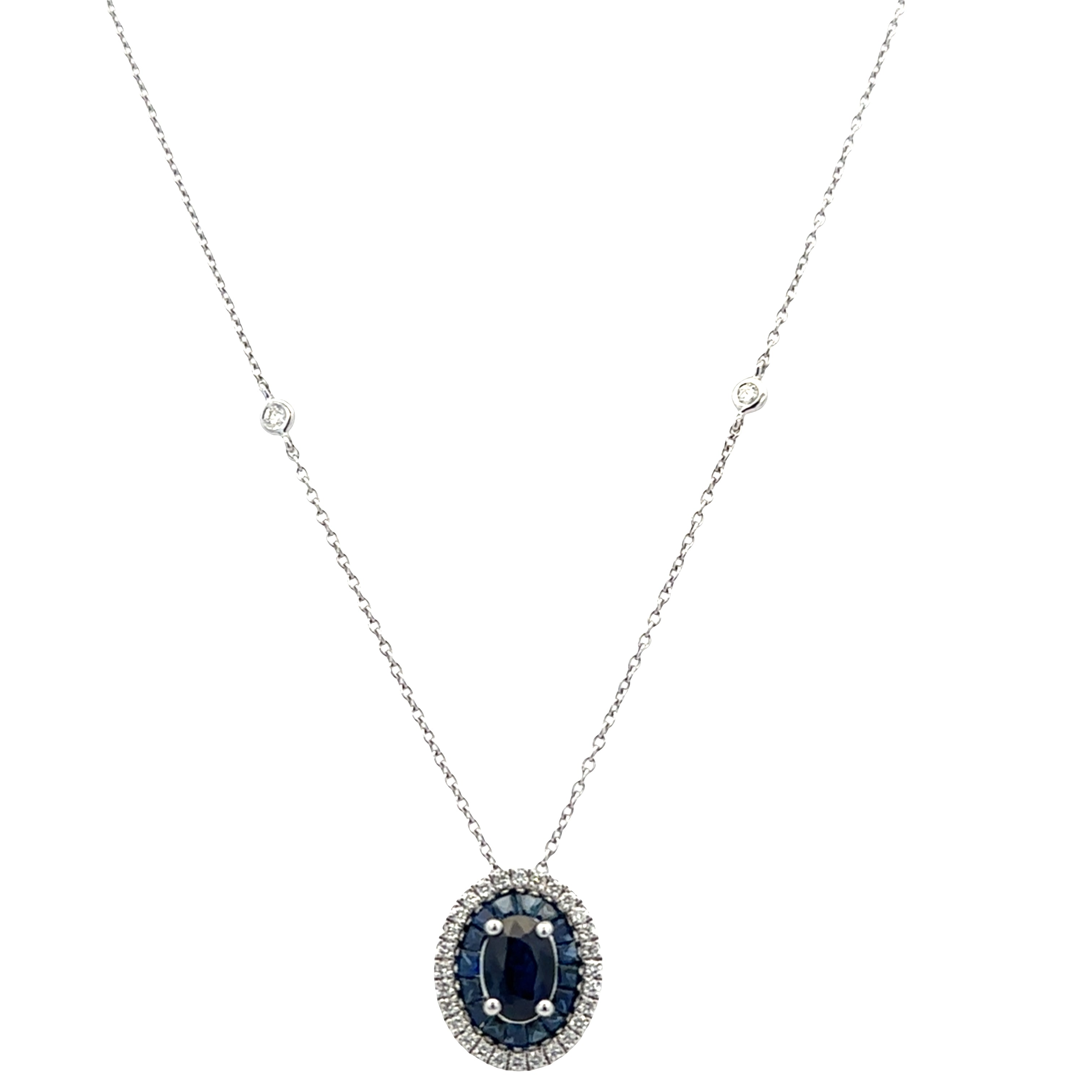 14k White Gold Sapphire & Diamond Double Halo Necklace