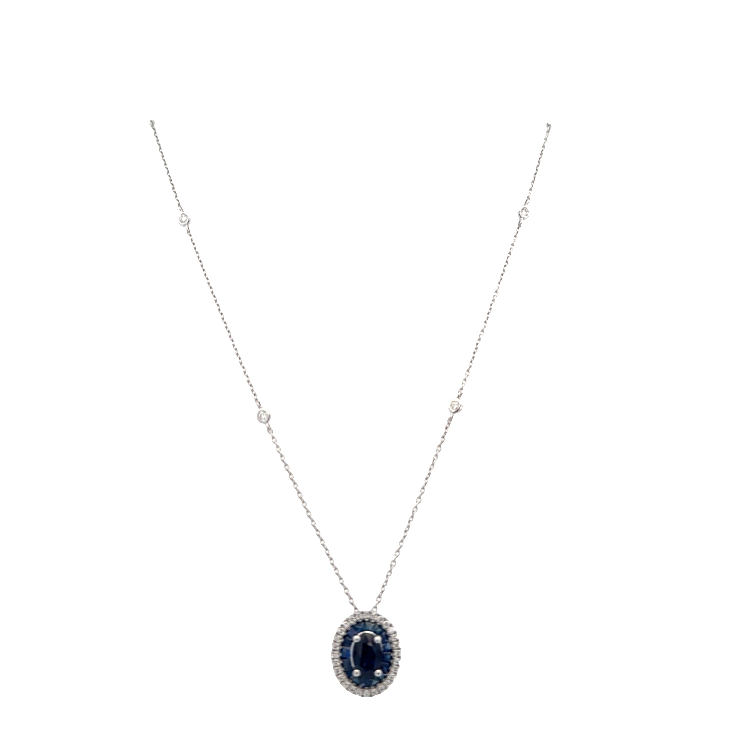 14k White Gold Sapphire & Diamond Double Halo Necklace