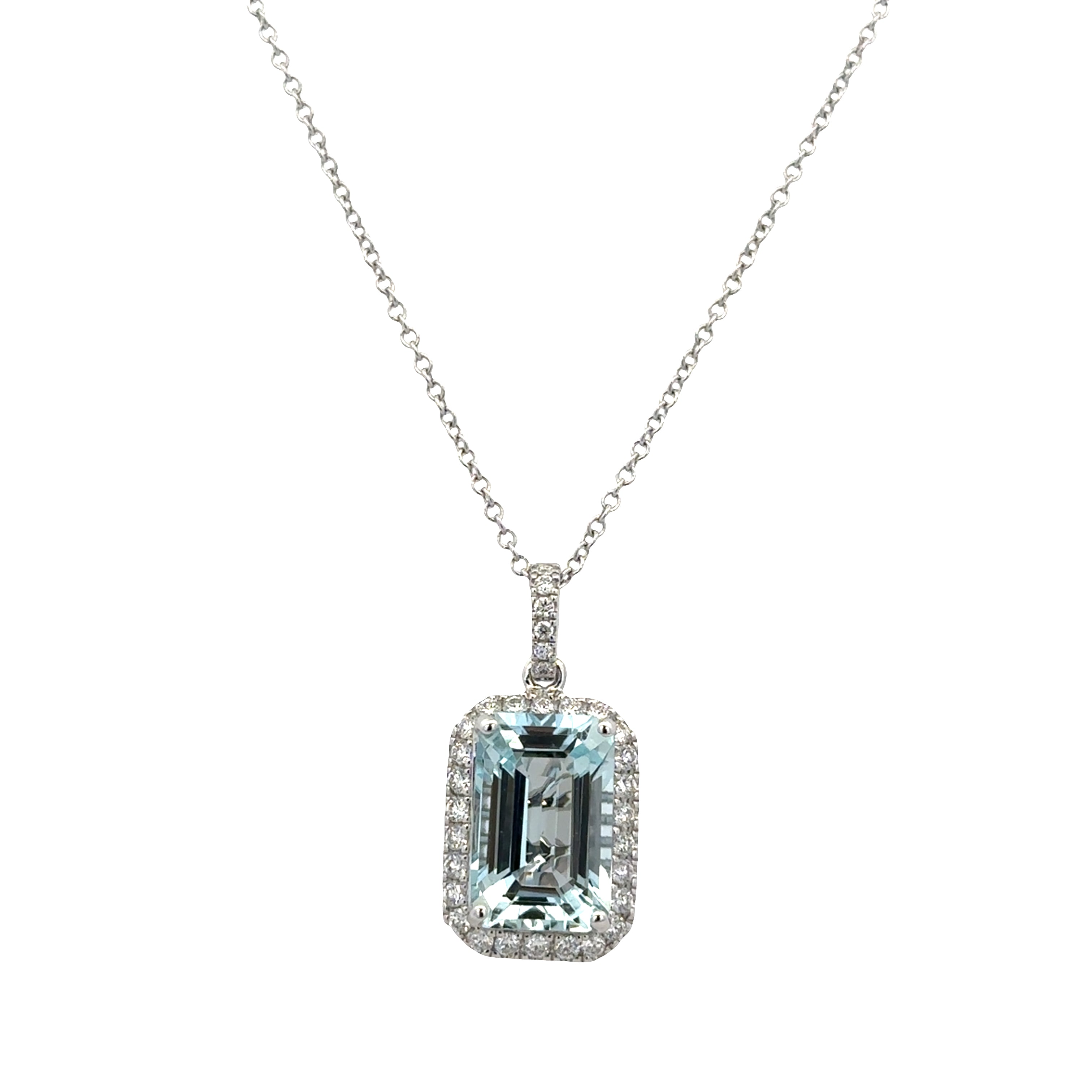 14k White Gold Aquamarine & Diamond Halo Pendant Necklace – 18"