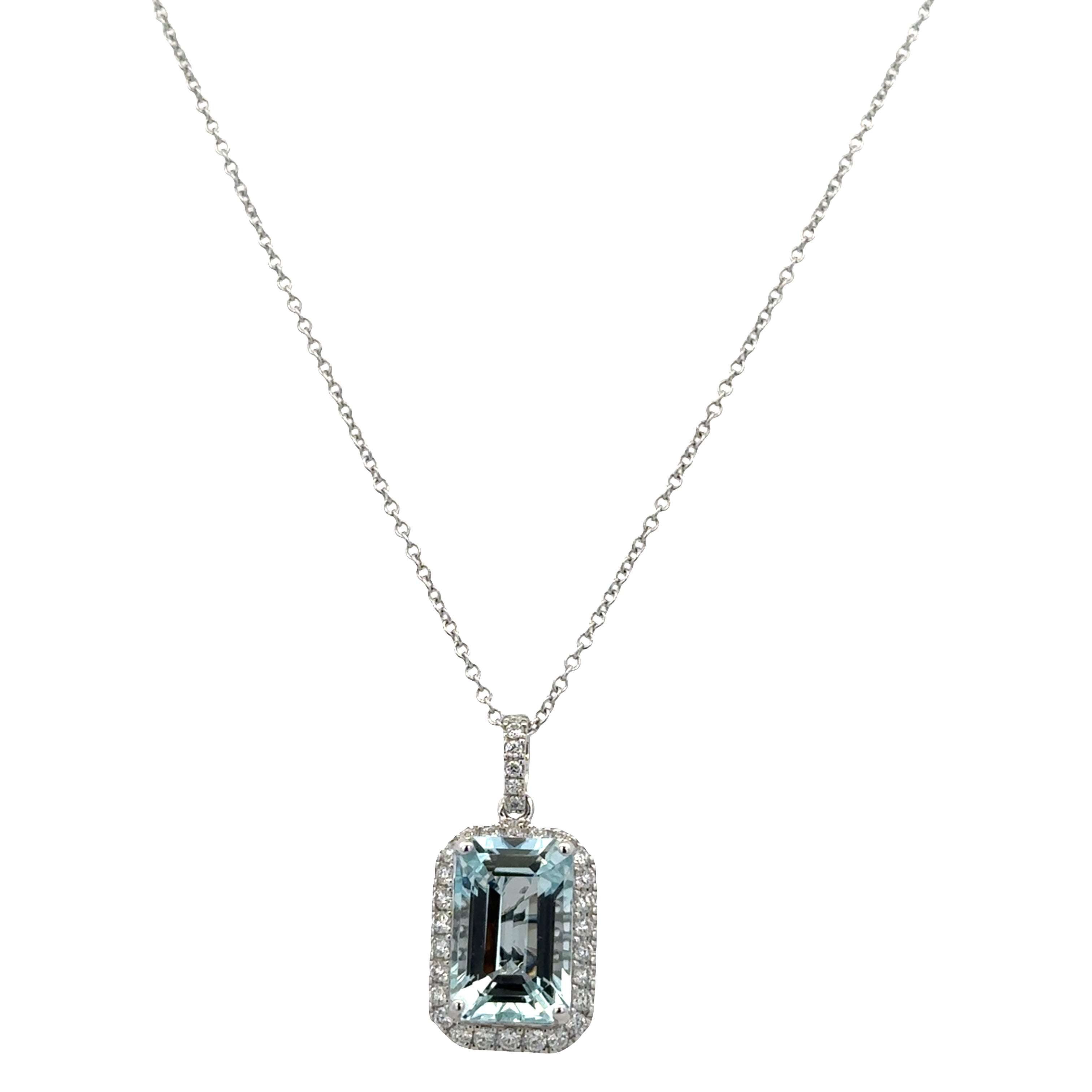 14k White Gold Aquamarine & Diamond Halo Pendant Necklace – 18"