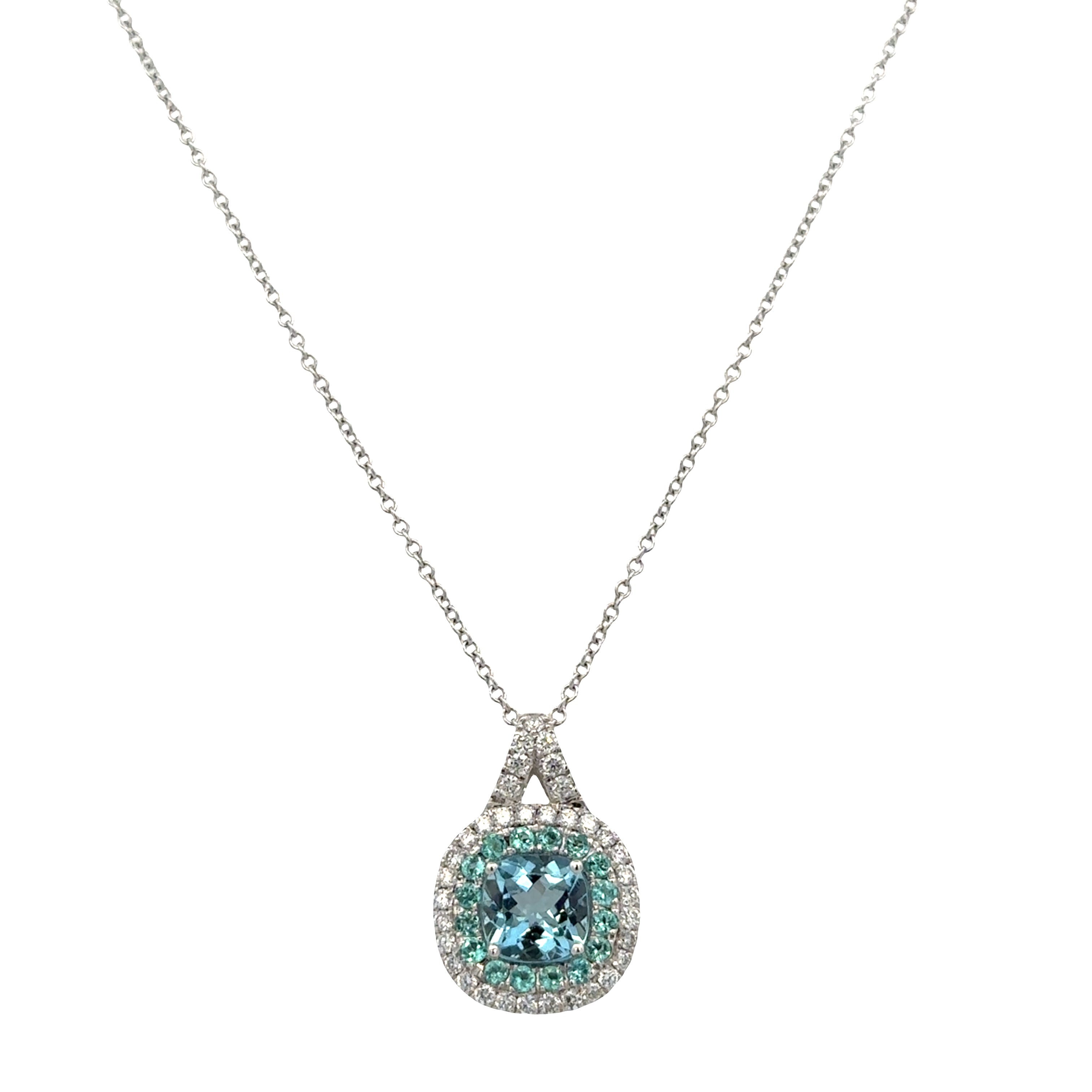14k White Gold Aquamarine, Tourmaline & Diamond Double Halo Pendant