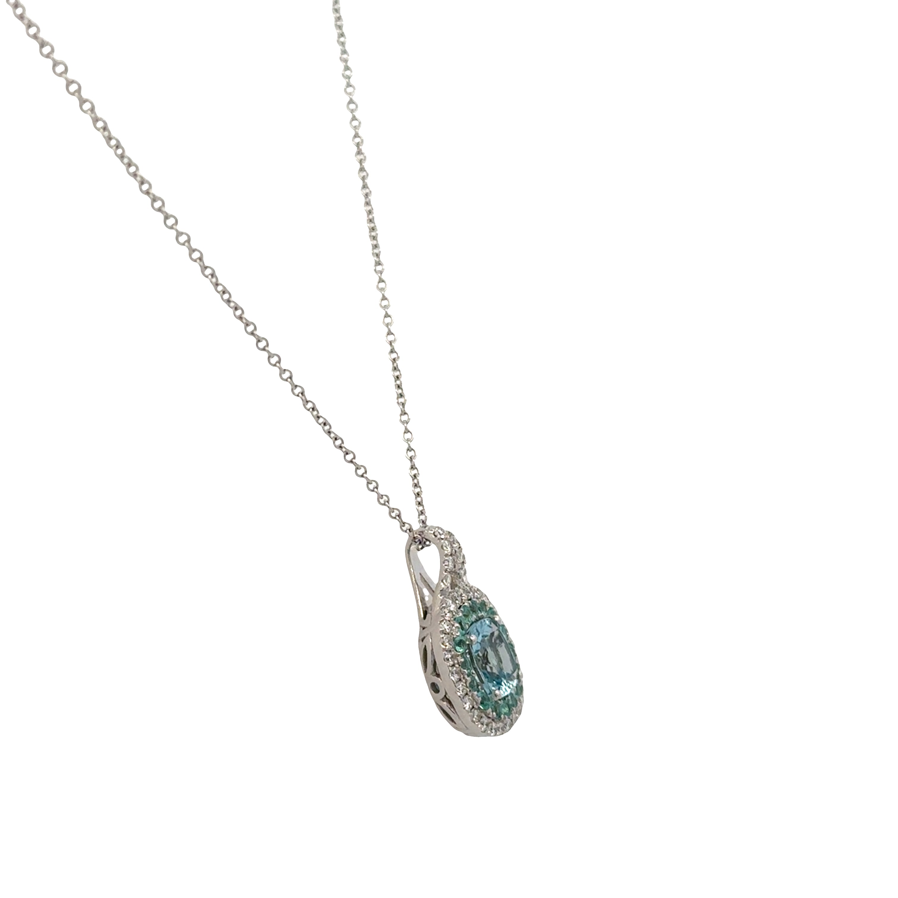 14k White Gold Aquamarine, Tourmaline & Diamond Double Halo Pendant