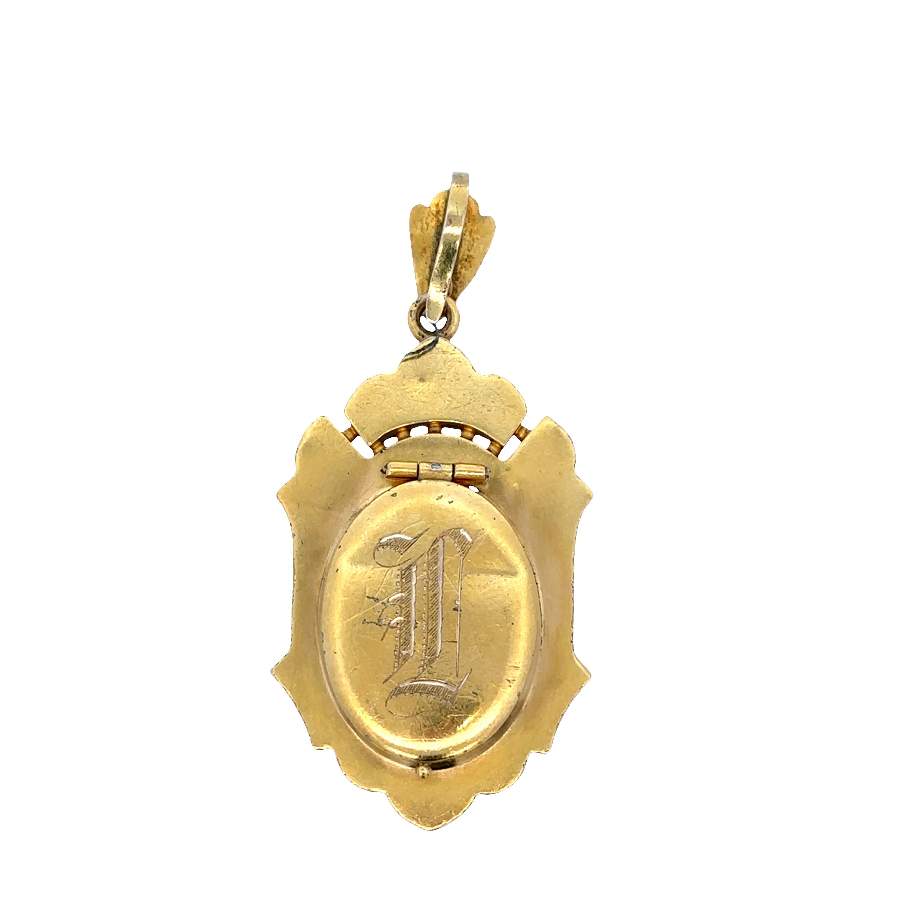 Antique Victorian 14K Yellow Gold Memento Pendant with Seed Pearls, Turquoise & Hair Memento – Shield Design, Circa 19th Century