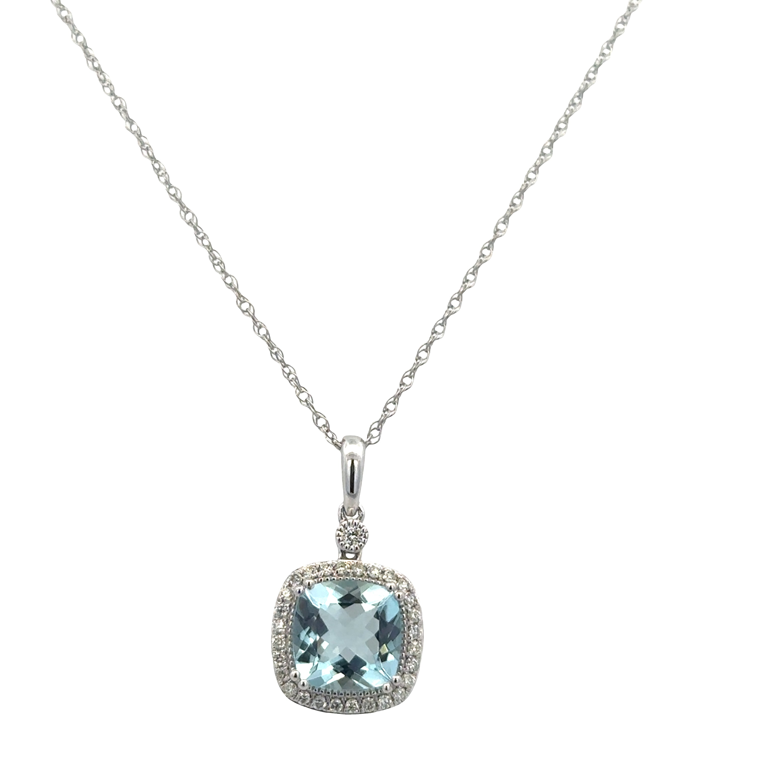 14k White Gold Cushion Cut 1.90ct Aquamarine & Diamond Halo Pendant Necklace