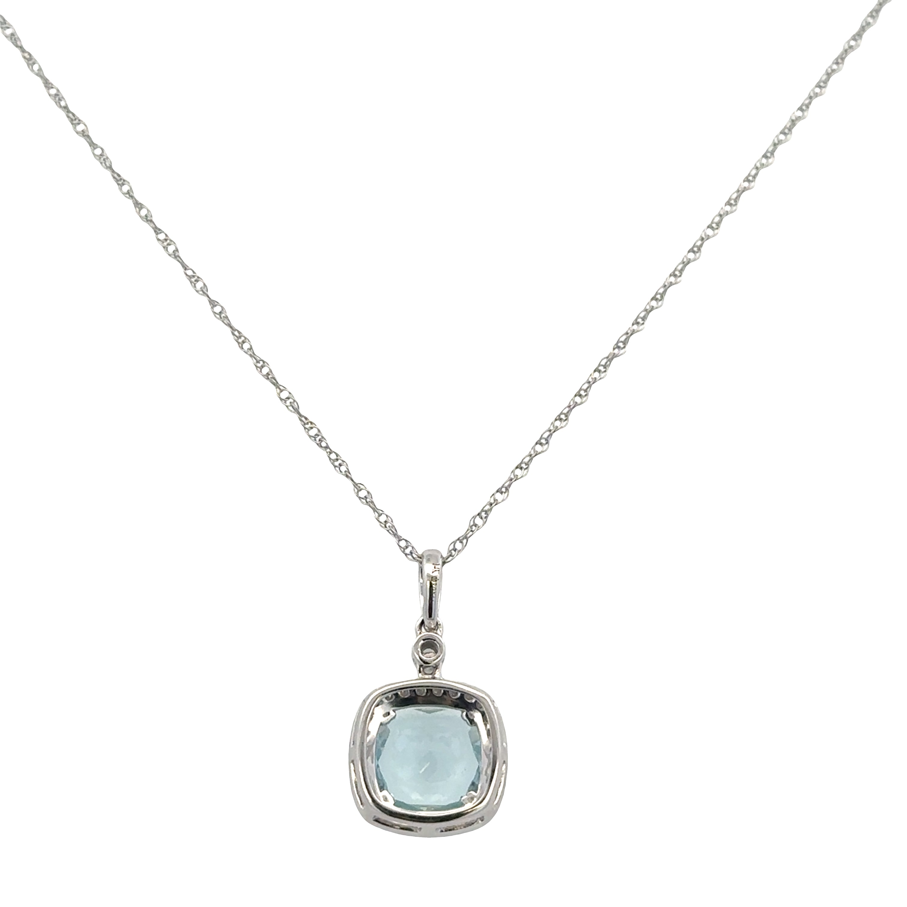 14k White Gold Cushion Cut 1.90ct Aquamarine & Diamond Halo Pendant Necklace