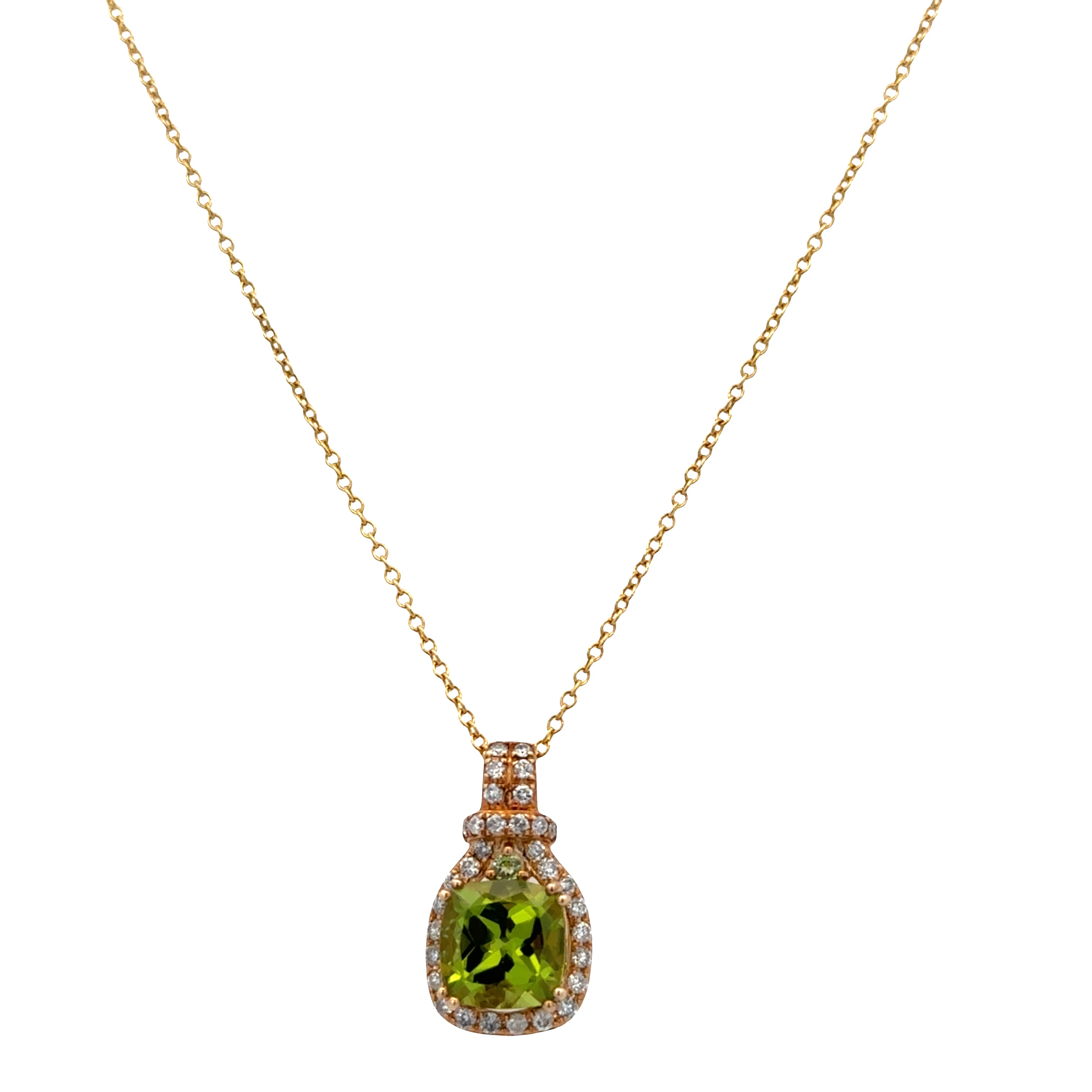 14k Yellow Gold Peridot and Diamond Halo Pendant Necklace